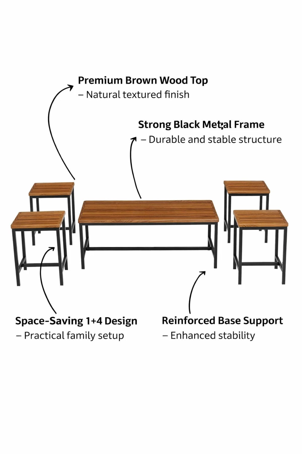 Industrial Design 5-Piece Coffee Table Set Brown Wood Top Black Metal Legs Living Room Furniture