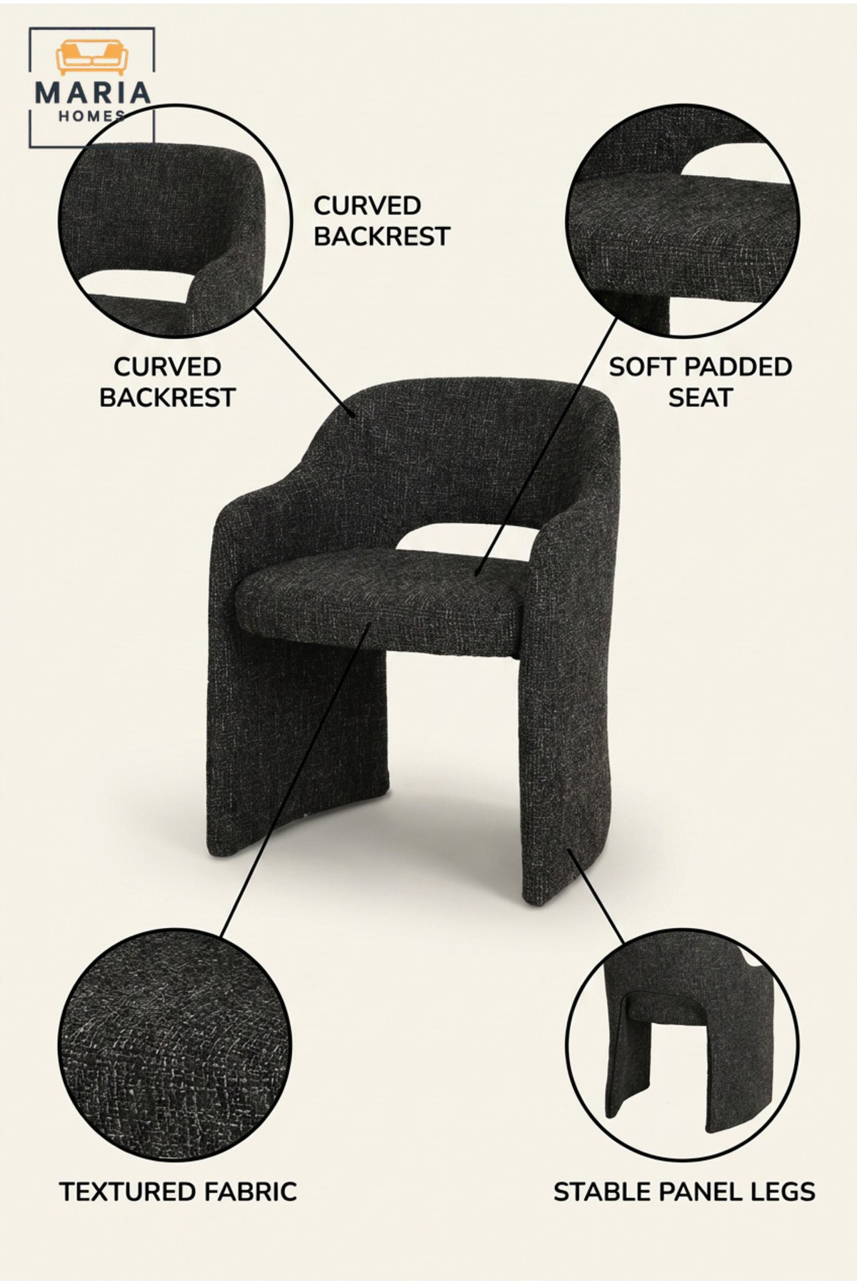 Modern Dark Grey Fabric Accent Chair with Curved Backrest, Integrated Armrests & Padded Seat, Contemporary Dining Lounge Chair for Living Room Office