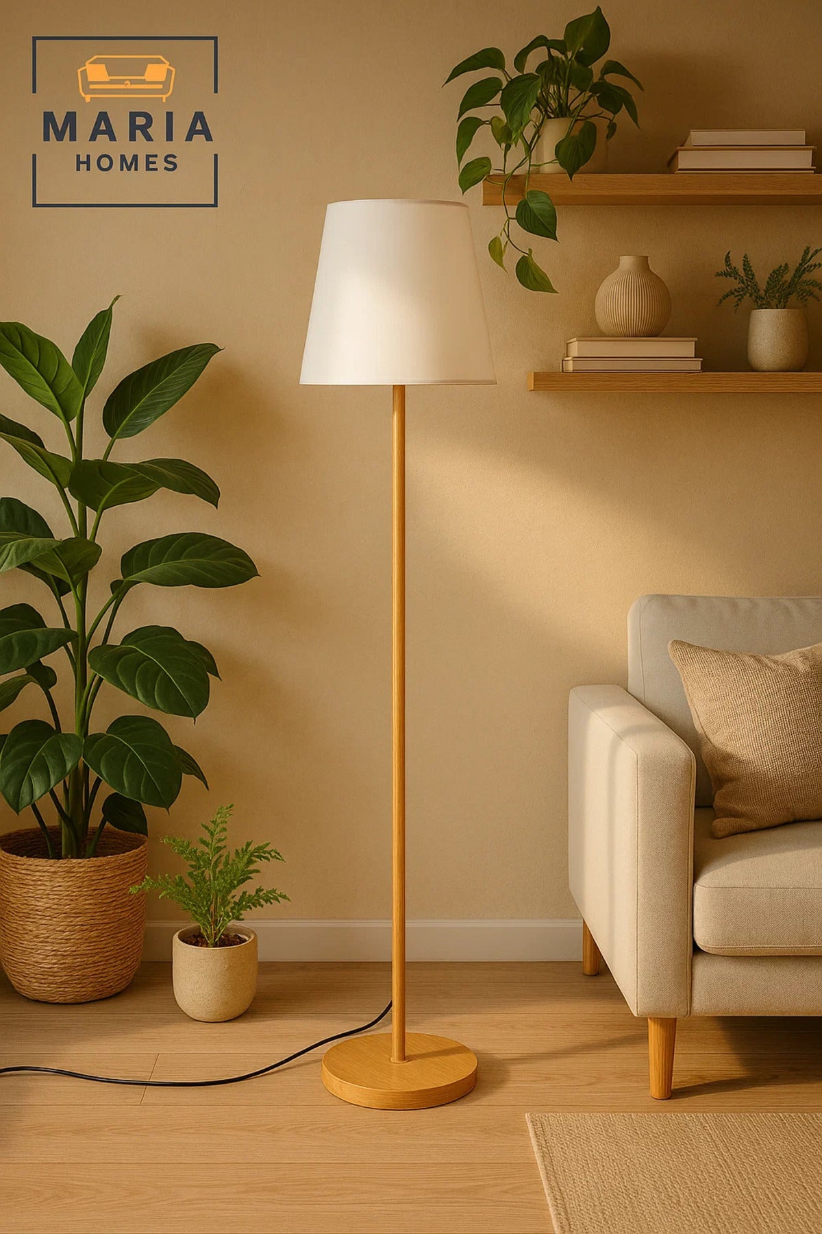 Minimalist Wooden Floor Lamp with White Fabric Shade