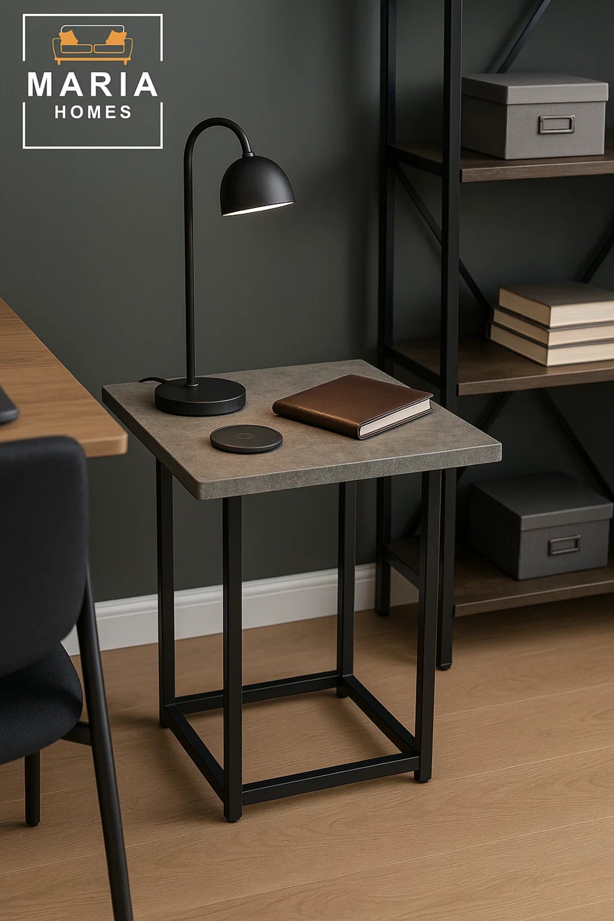 Square Stone-Texture Side Table with Black Metal Frame