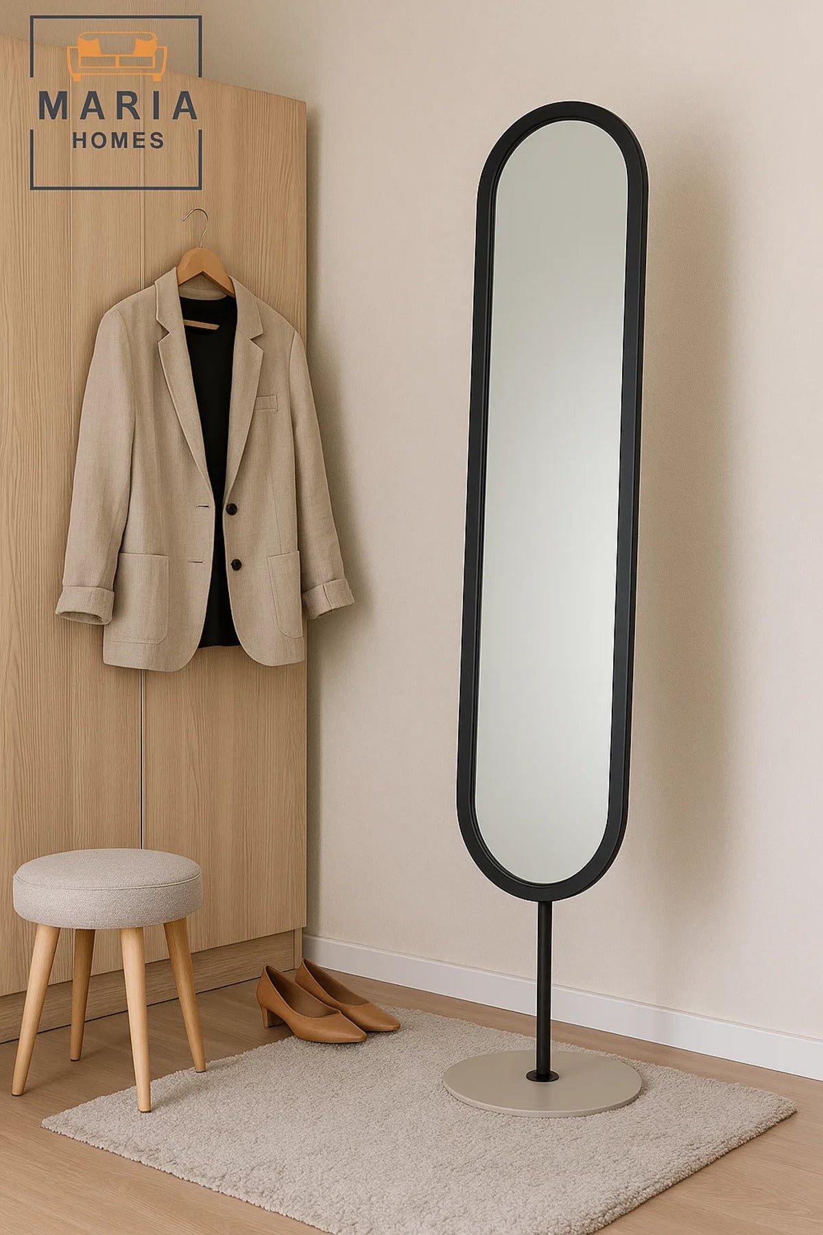 Modern Black Oval Standing Mirror Ð Full-Length Floor Mirror with Metal Frame, 169x40 cm