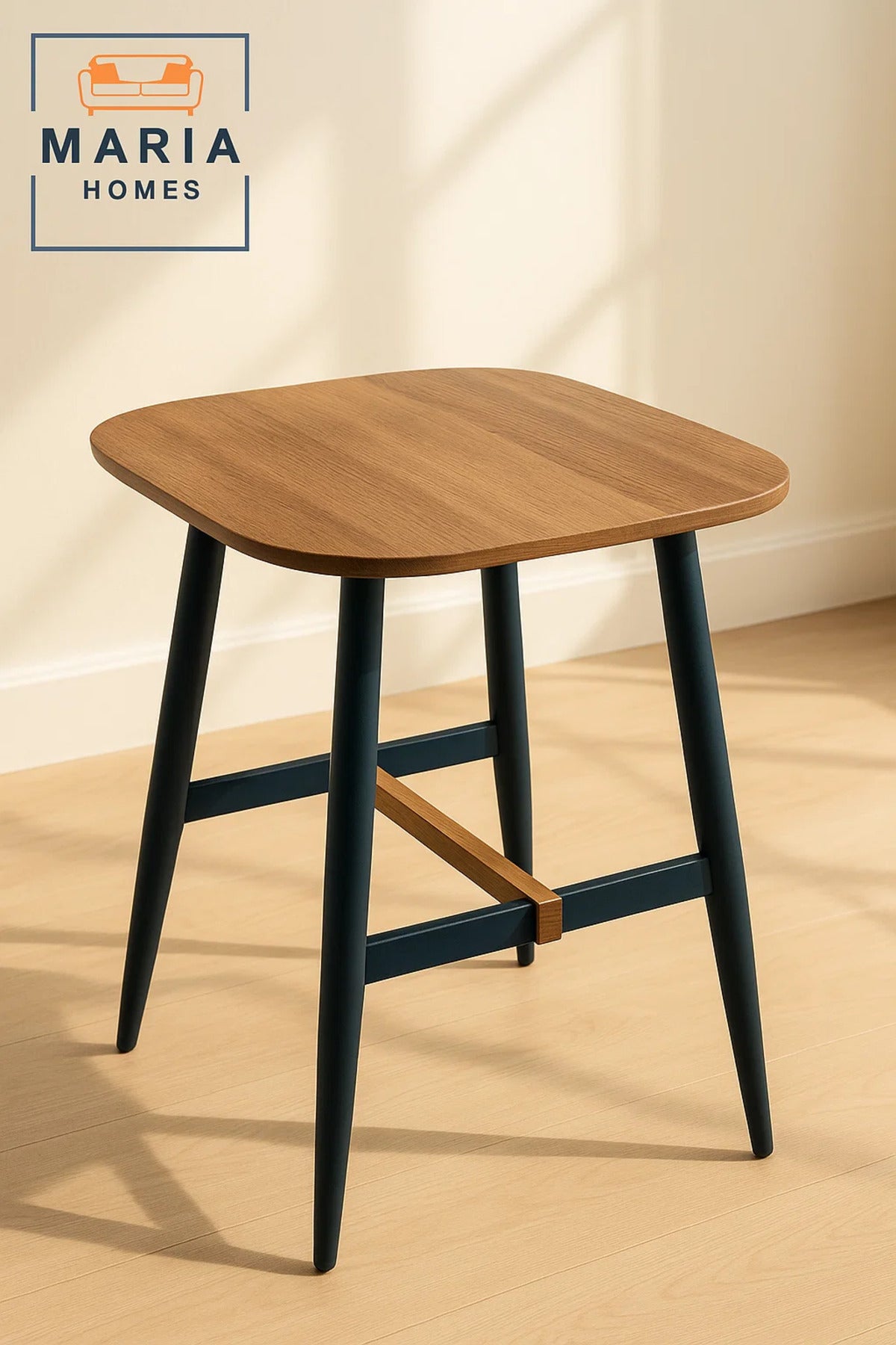 Square Wooden Table with Black Legs and Natural Crossbar Accent