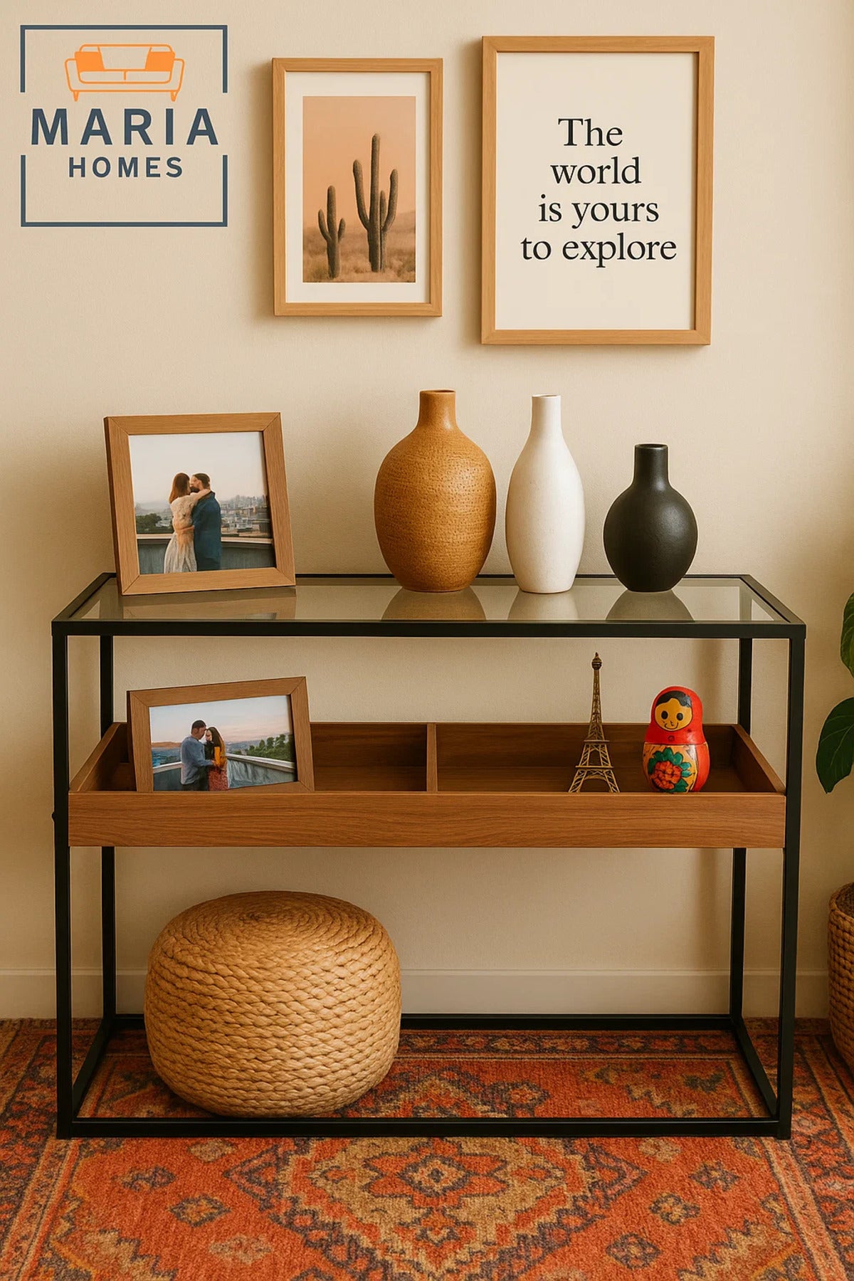 Glass Top Display Console Table with Wood Tray Ð 120x80x85cm Industrial Modern Storage Table
