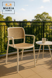 White Plastic Rattan Back ArmchairÐ Modern Stackable Outdoor & Indoor Chair with Woven Seat