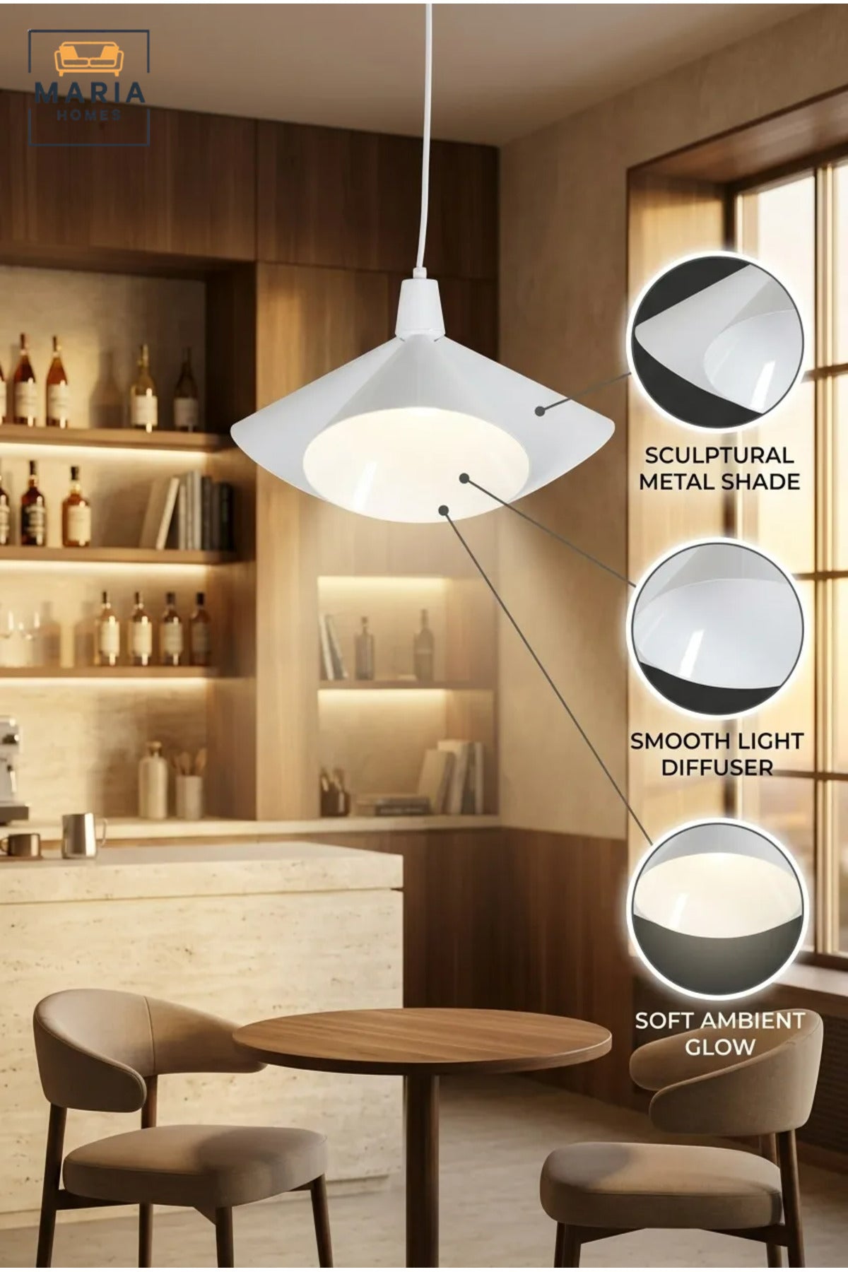 Modern White Pendant Light with Sculptural Metal Shade and Diffuser, Hanging Ceiling Lamp for Dining Room, Kitchen Island, Living Room, Café and Restaurant