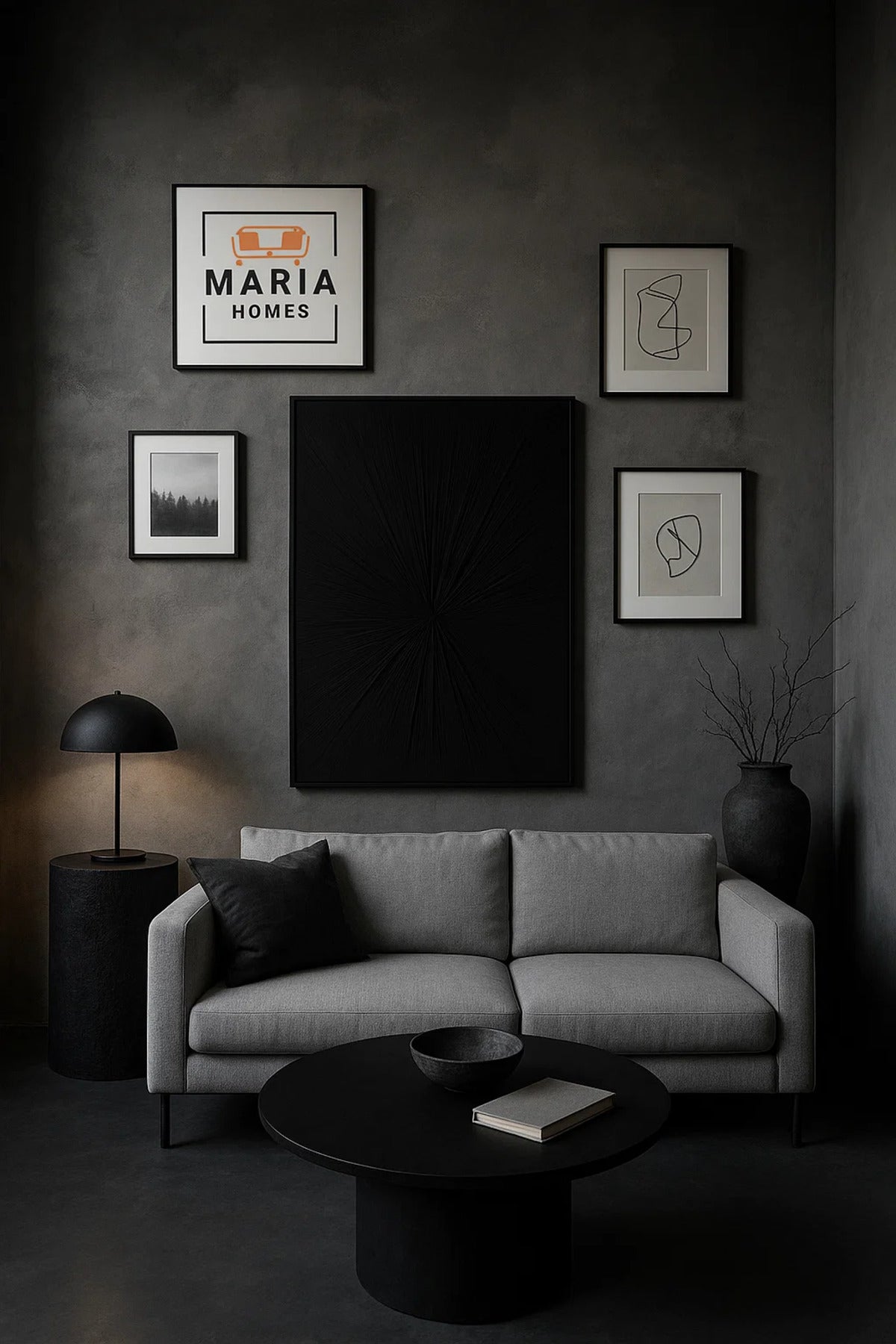 Framed Monochrome Textured Wall Art Ð Black Radial Burst Design and Size 123*83 cm