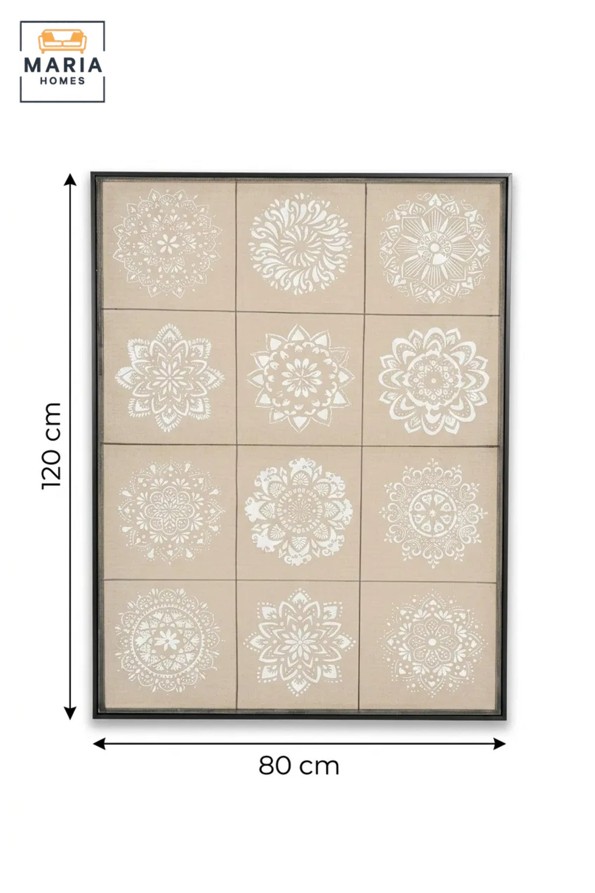 Modern Mandala Wall Art with Slim Black Frame, White Floral Pattern on Neutral Beige Canvas for Living Room, Bedroom, Hallway and Office Décor