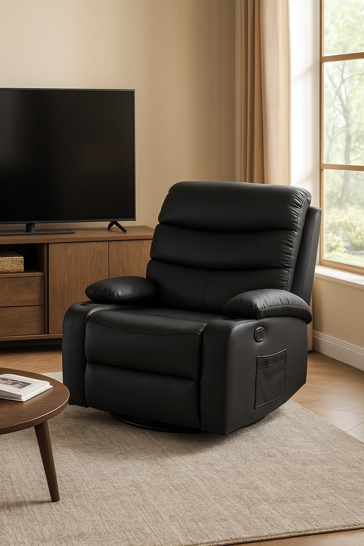Black PU Leather Recliner Chair Comfortable Swivel and Reclining Armchair for Living Room & Home