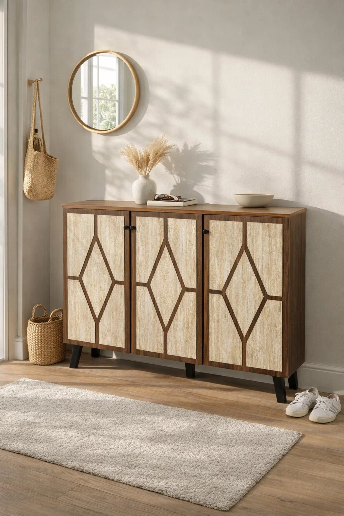 Brown and Beige Shoe Cabinet with Geometric Door Design 120 x 32 x 93 cm