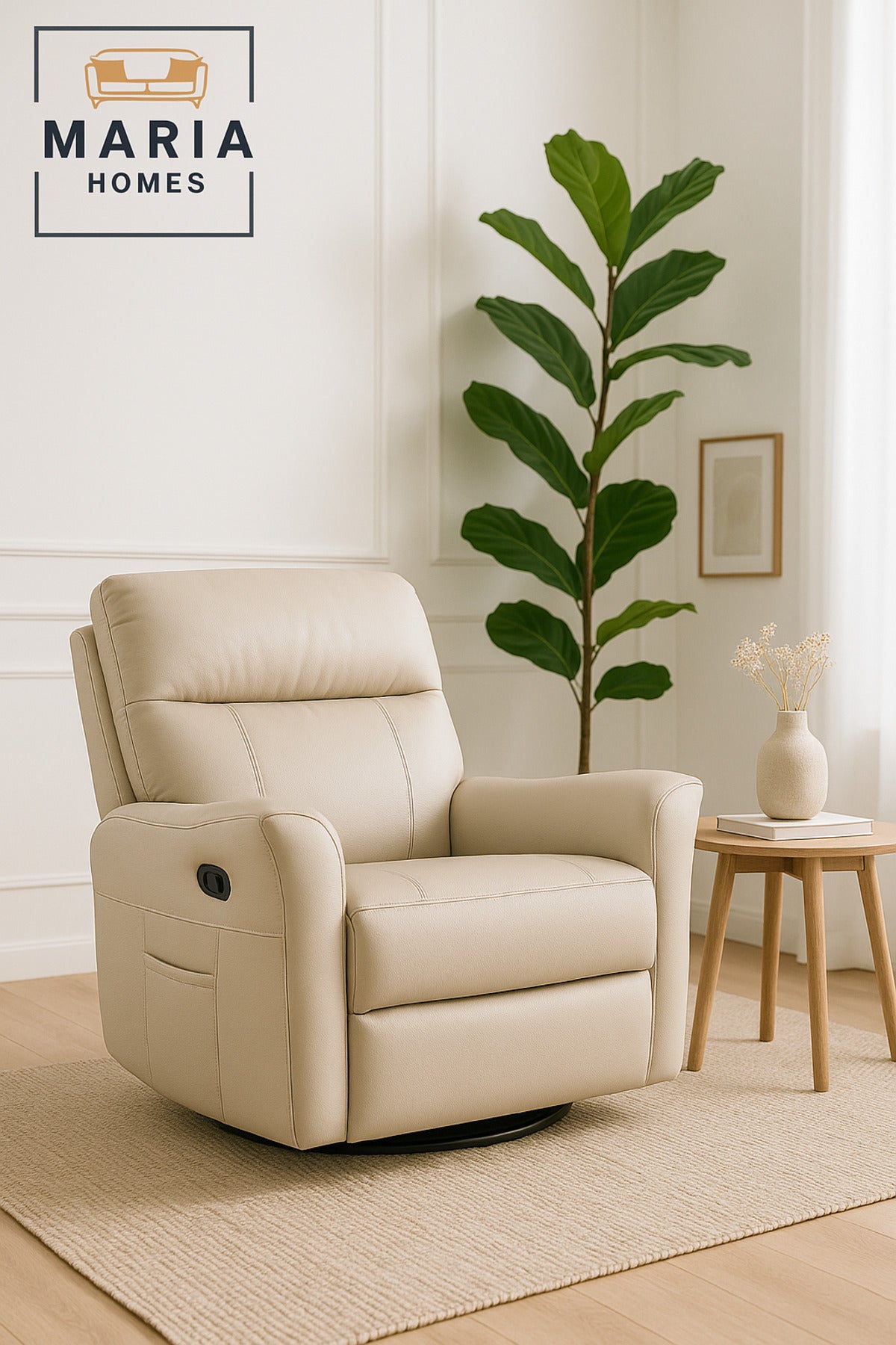 Beige Recliner Chair Ð Swivel & Recline Armchair with Side Pocket for Living Room