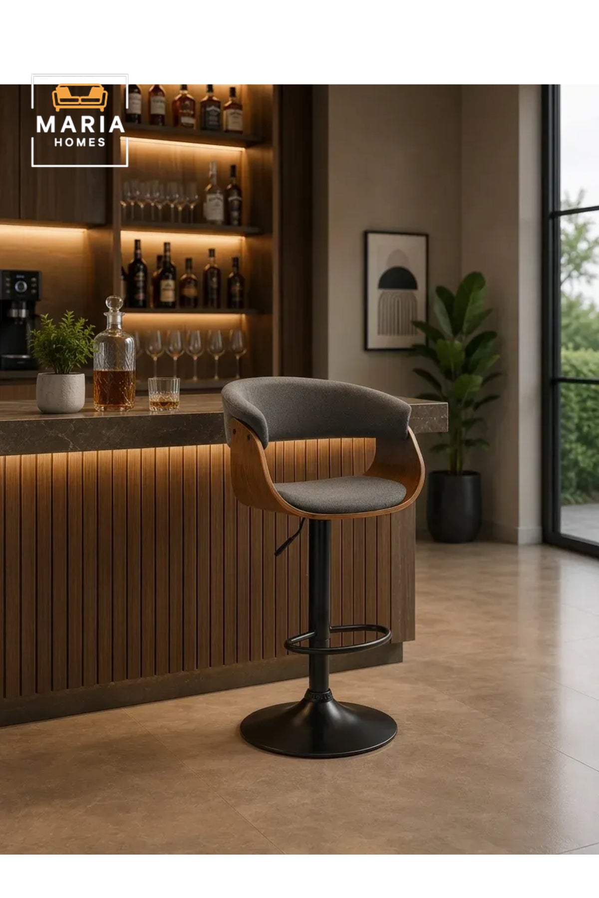 Modern Upholstered Bar Stool with Curved Open Back, Wood Accent Frame and Adjustable Height