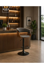 Modern Upholstered Bar Stool with Curved Open Back, Wood Accent Frame and Adjustable Height