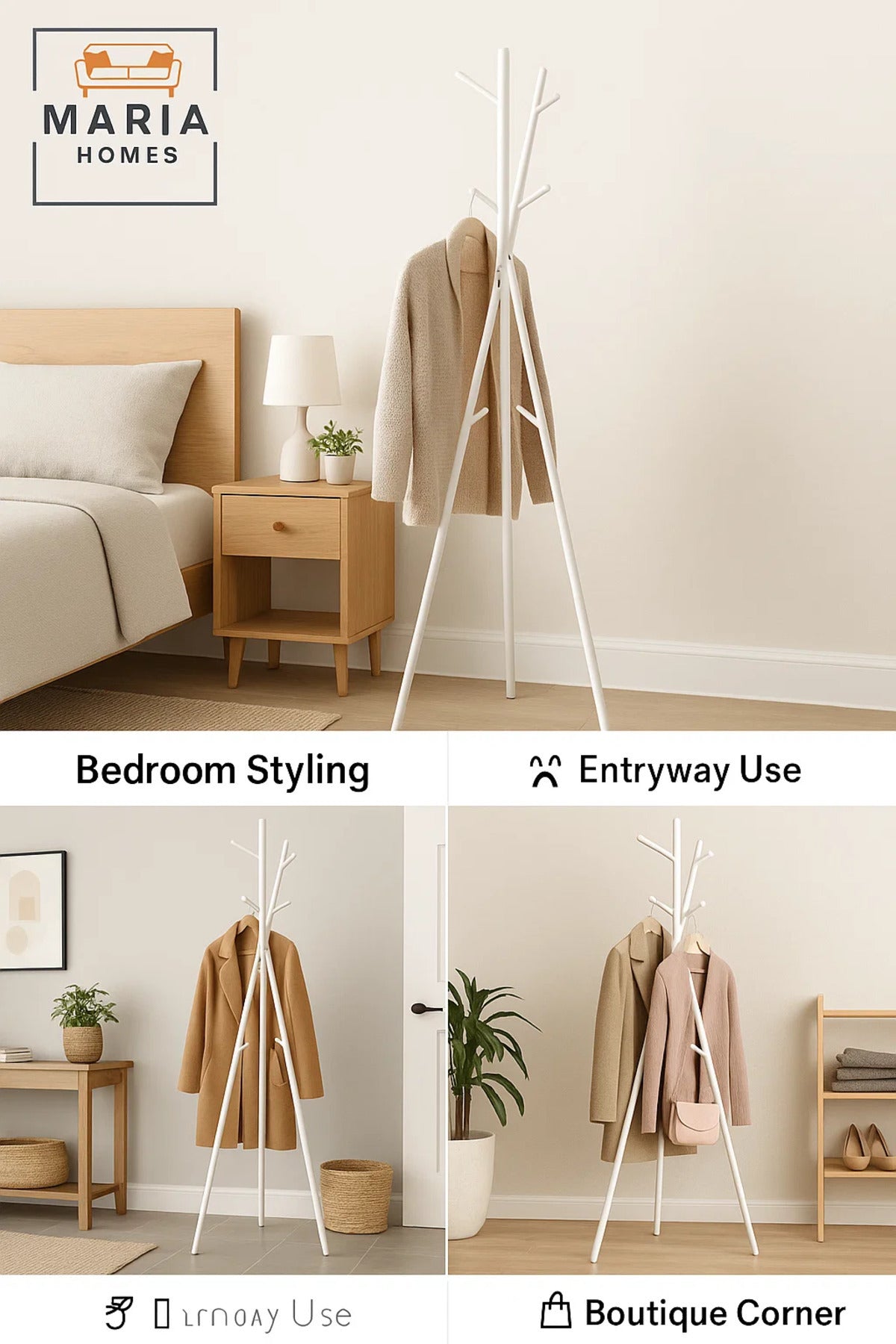 Tripod-Style White Metal Coat Rack