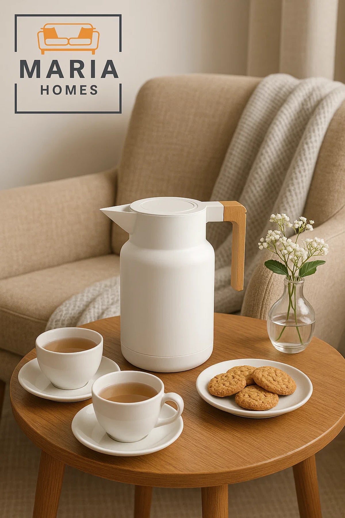 Matte White Thermal Insulated Carafe with Wooden Handle