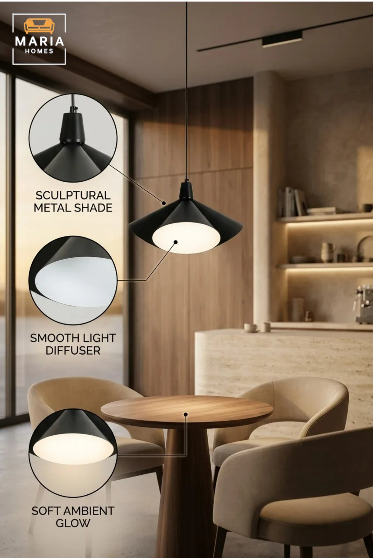 Modern Black Pendant Light with Sculptural Metal Shade and Diffuser, Hanging Ceiling Lamp for Dining Room, Kitchen Island, Living Room, Café and Restaurant