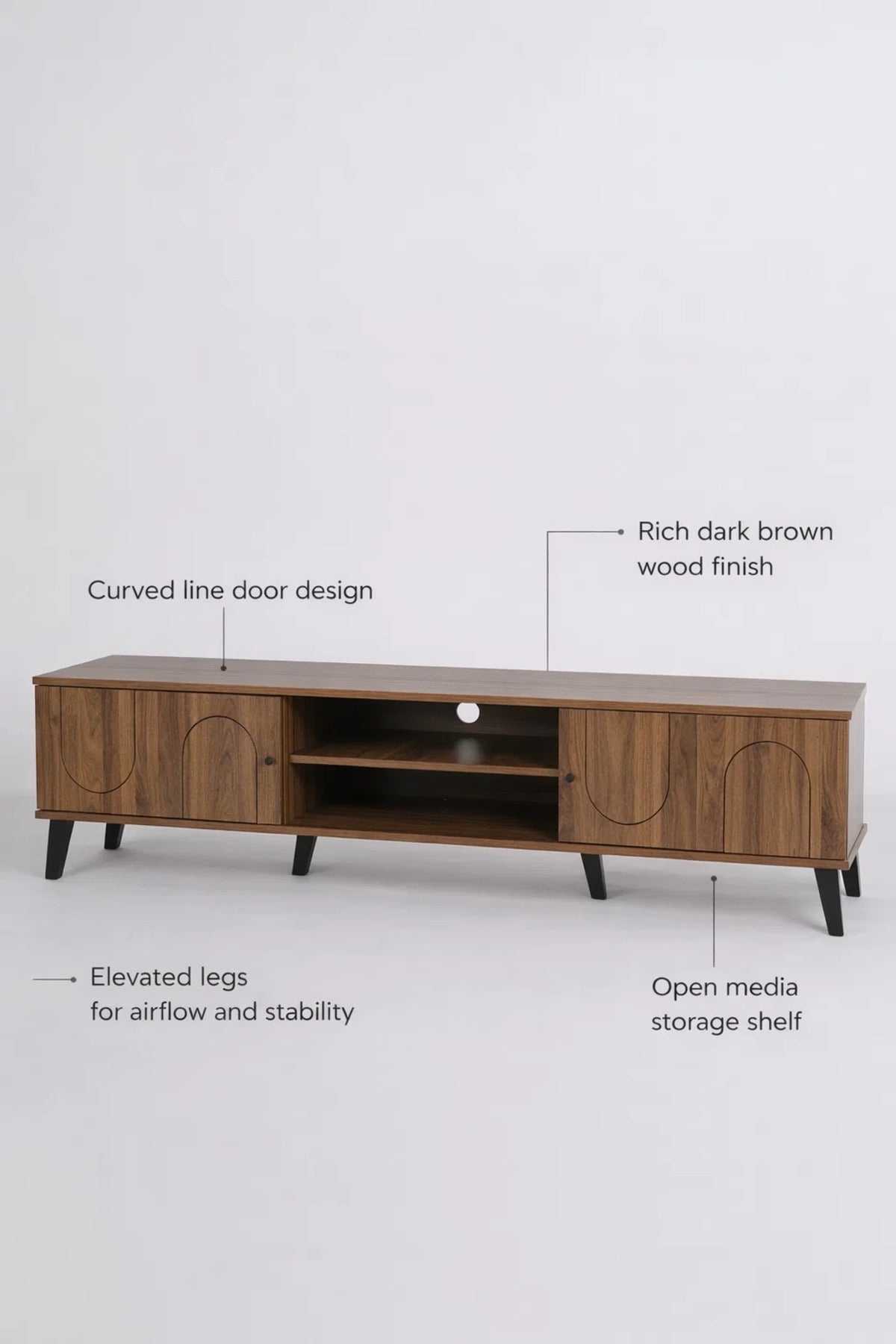 Modern Wooden TV Stand Dark Brown with Curved Line Design 180 x 40 x 44 cm