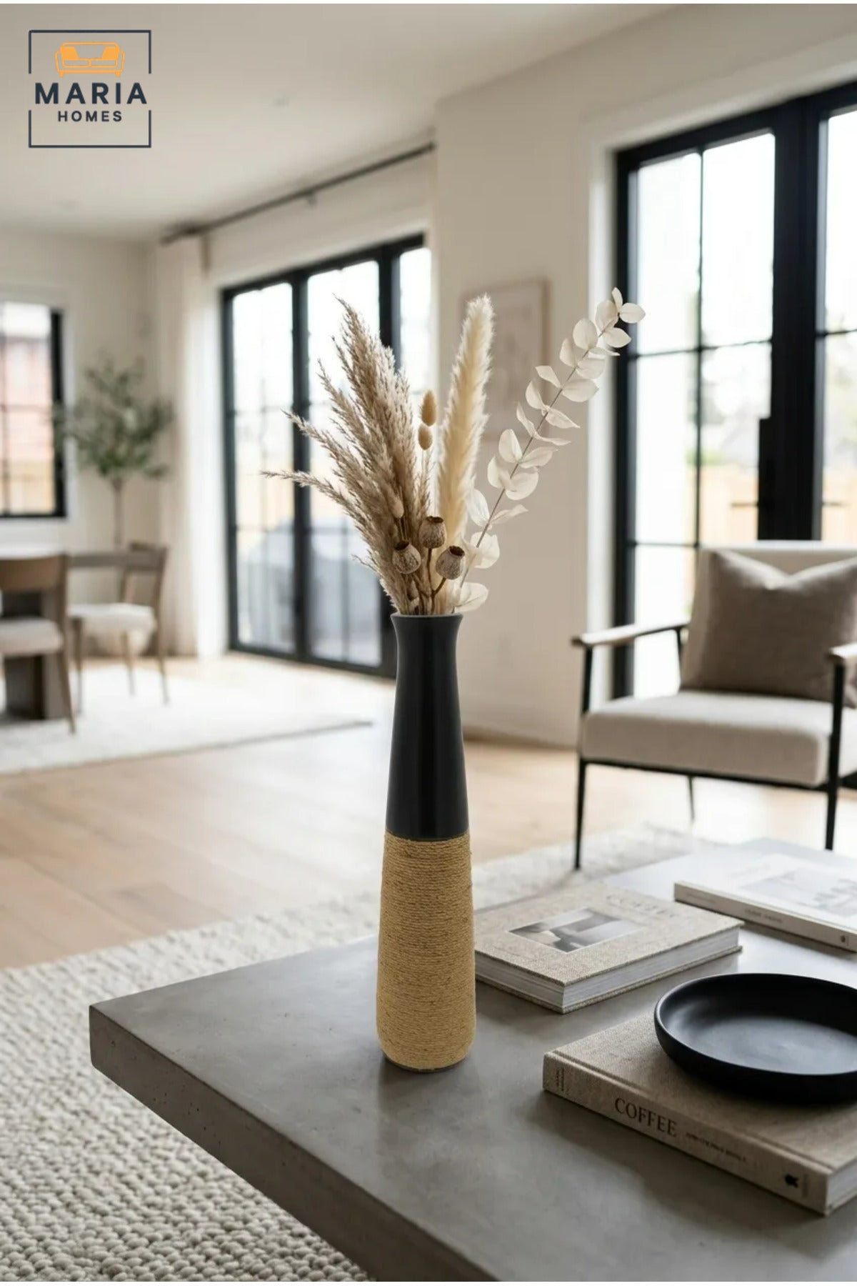 Modern Tall Decorative Flower Vase with Natural Rope Detail and Narrow Neck for Living Room, Bedroom, Office, Floor, Shelf and Console Table Décor