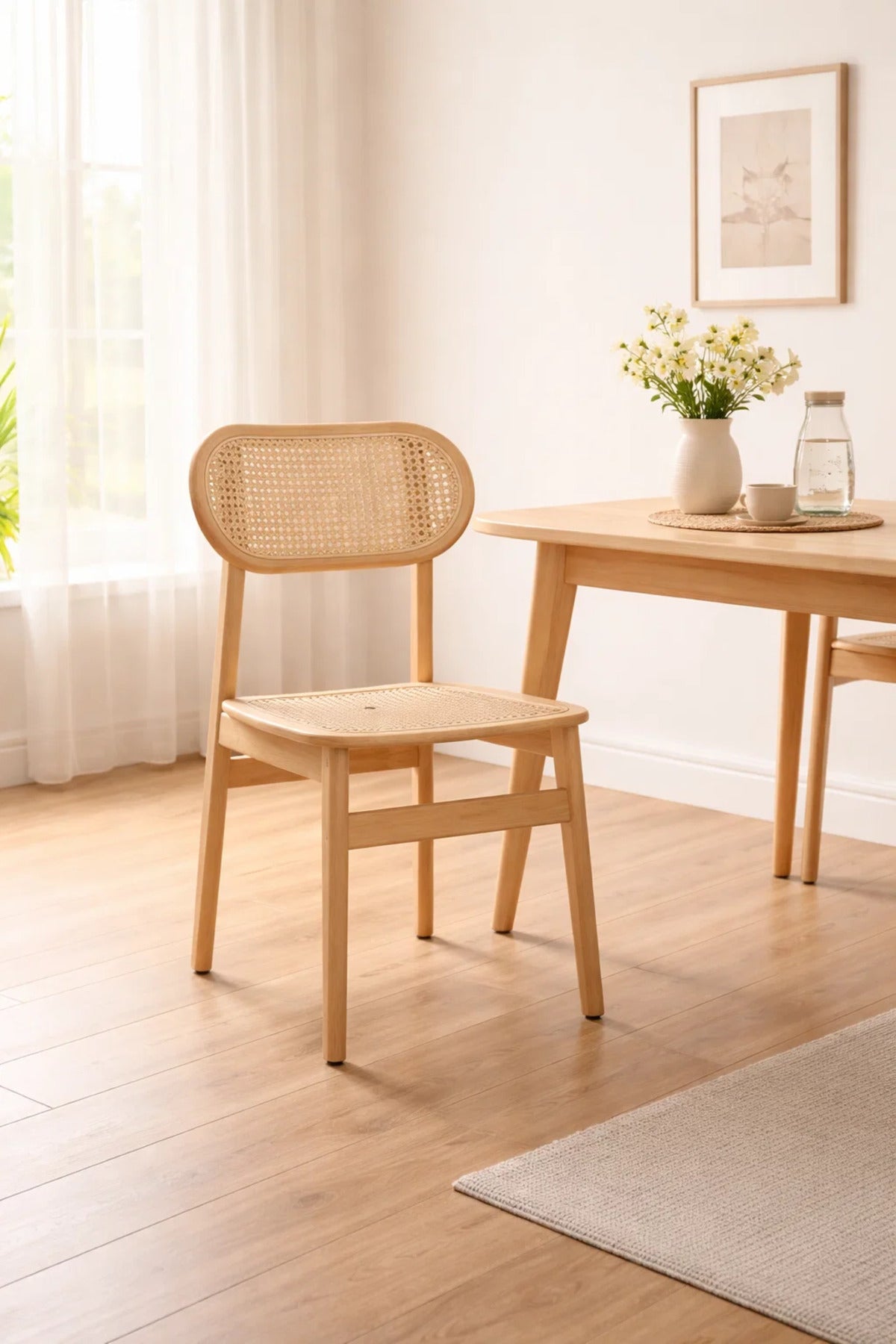 Beige Wooden Rattan Dining Chair 68cm Height Natural Cane Seat Modern beige wooden