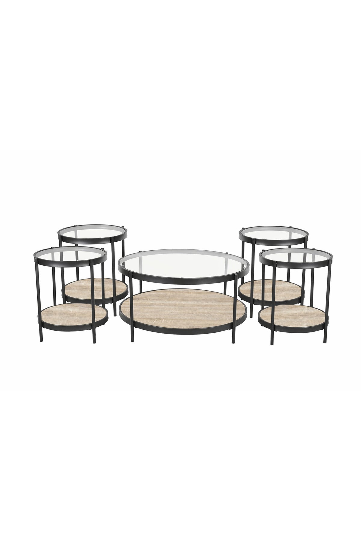 Wood 1+4 Coffee Table Set √ê Contemporary Glass and Wood Design with 1 Large and 4 Side Tables