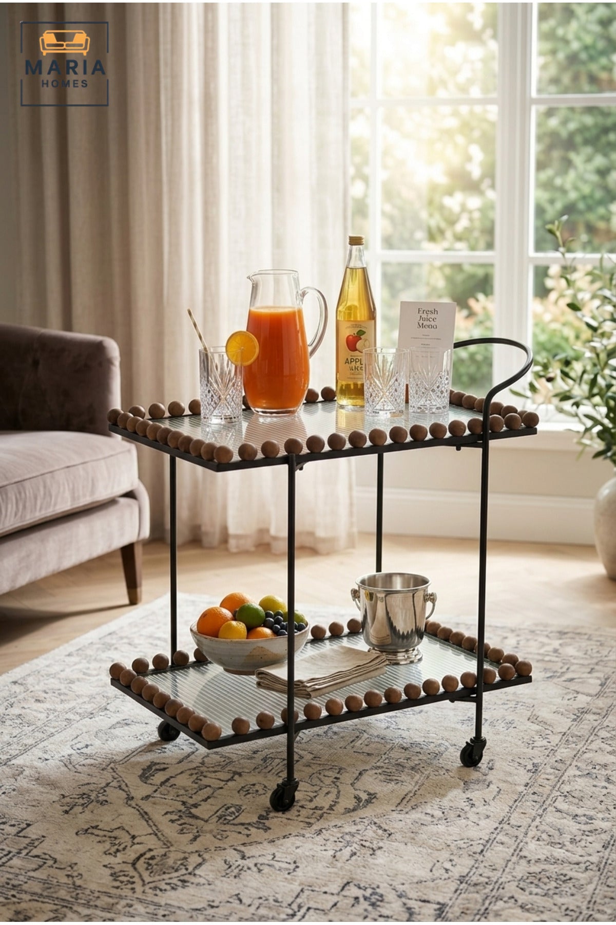 Modern 2-Tier Glass Serving Trolley – Brown & Black Rolling Bar Cart with Metal Frame and Bead Accents