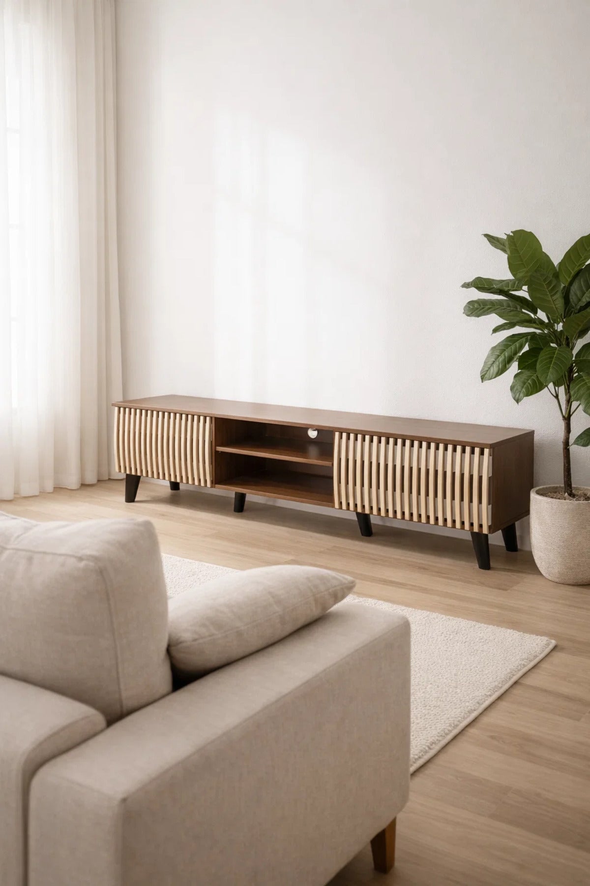 Modern Wooden TV Stand Dark Brown with Beige Slatted Design 180 x 40 x 43 cm