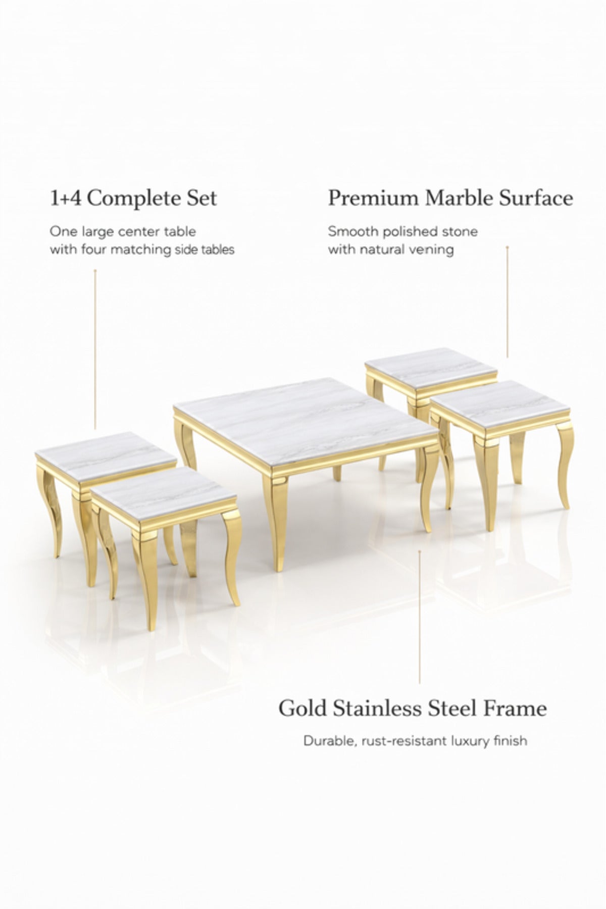 Luxury Gold Marble Coffee Table Set 1+4 √ê Classic Square Design