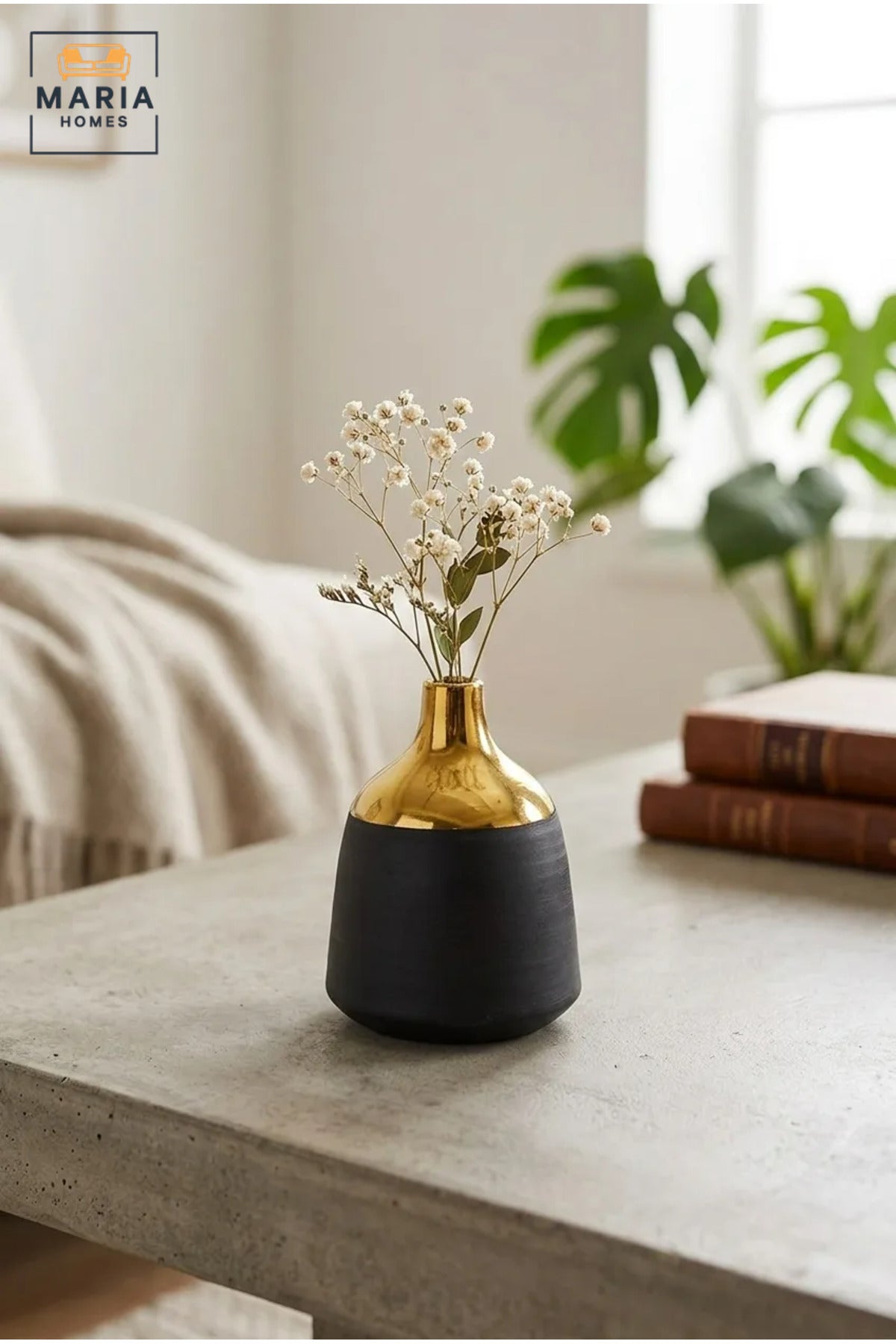 Modern Decorative Flower Vase with Gold-Tone Neck, Textured Rounded Body and Narrow Opening for Living Room, Bedroom, Office and Console Décor