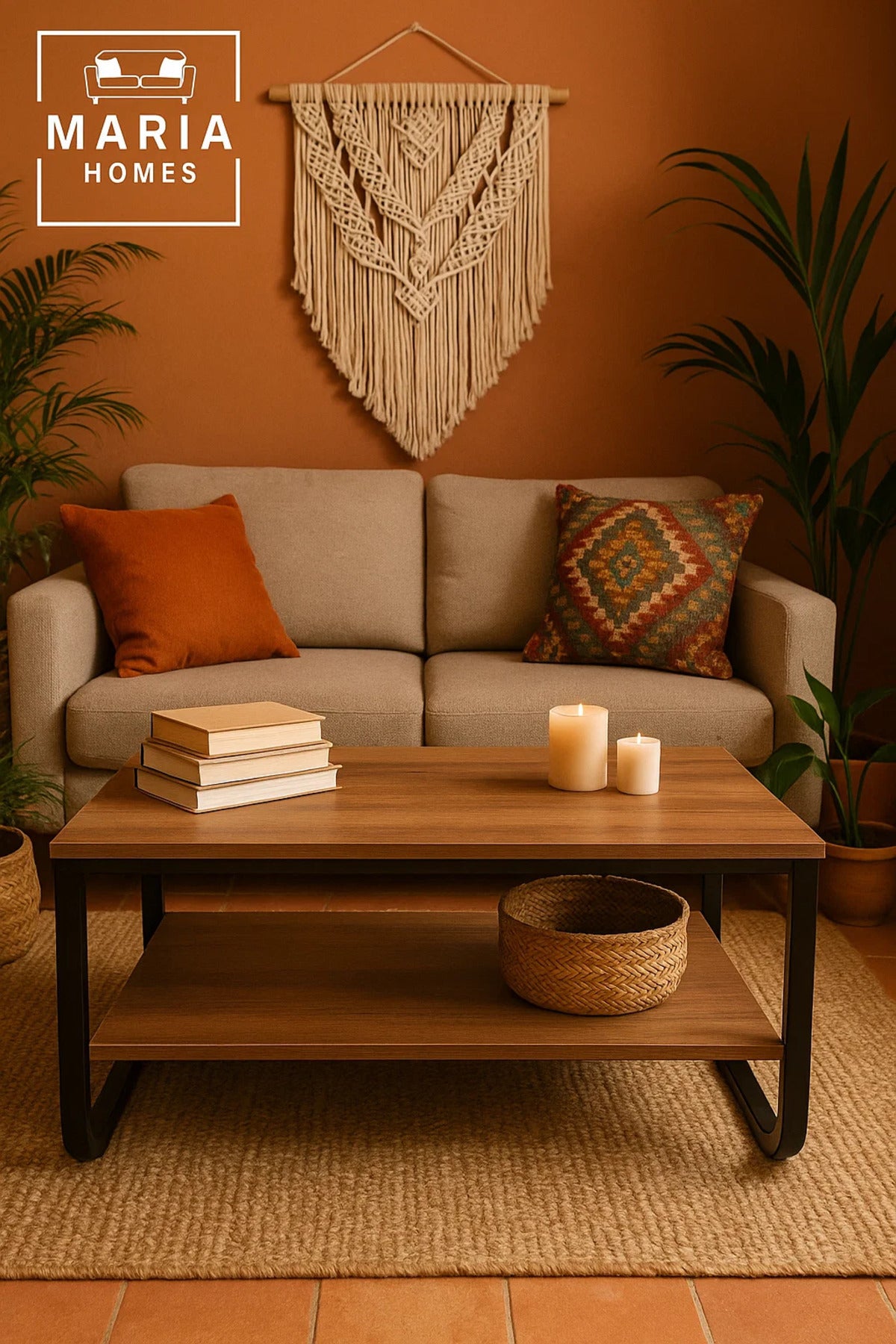 Modern Wooden Center Table 106x60x45cm Ð Coffee Table Shelf & Black Metal Frame