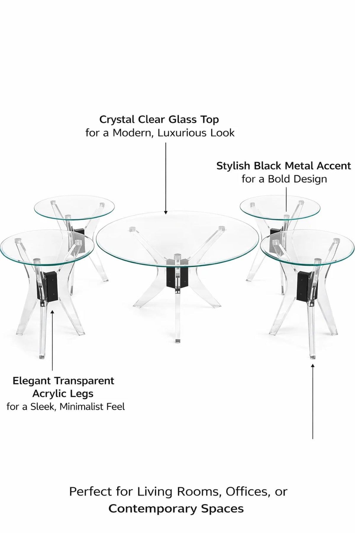 uxury 5-Piece Glass Coffee Table Set with Black Acrylic Base √ê Modern Living Room Set