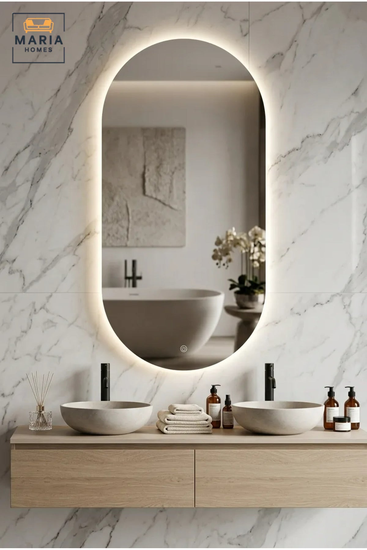 Large Capsule-Shaped LED Wall Mirror with Touch Sensor, Backlit Frameless Full-Length Mirror for Bedroom, Dressing Room, Vanity and Hallway