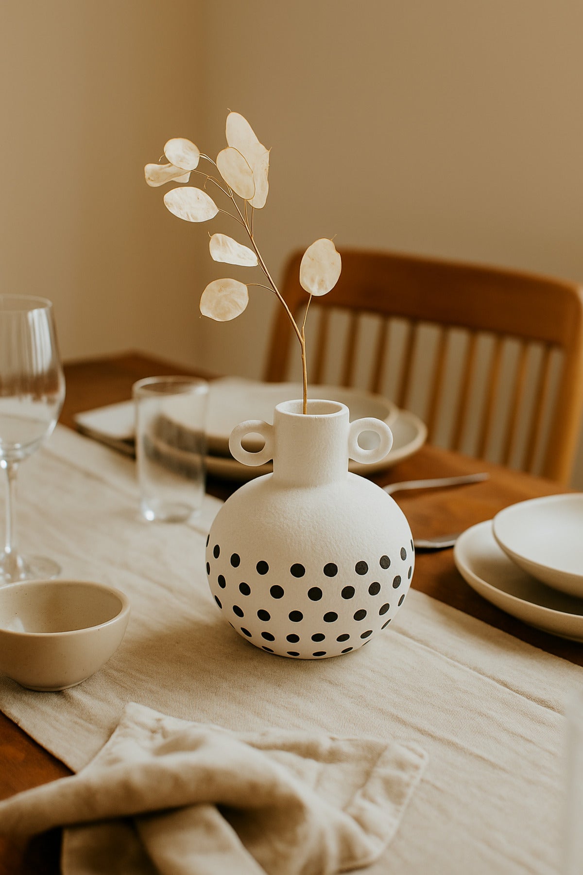 Natural White Ceramic Vase with Black Dots Ð Small Round Double Handle Decorative Vase
