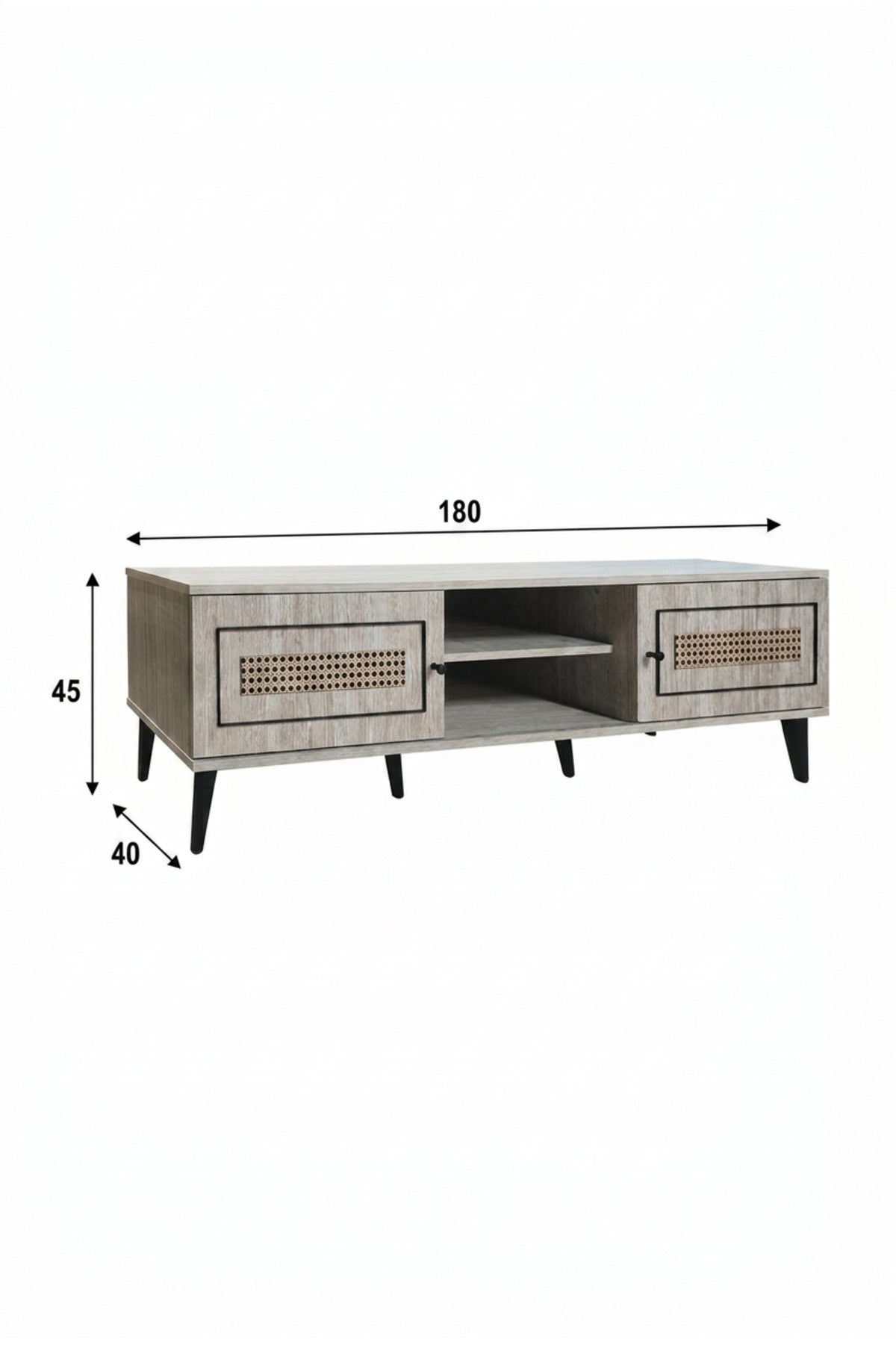 Modern Rattan TV Unit 180 _ 40 _ 45 cm √ê Wooden Entertainment Center with Storage Cabinets and Open Shelves