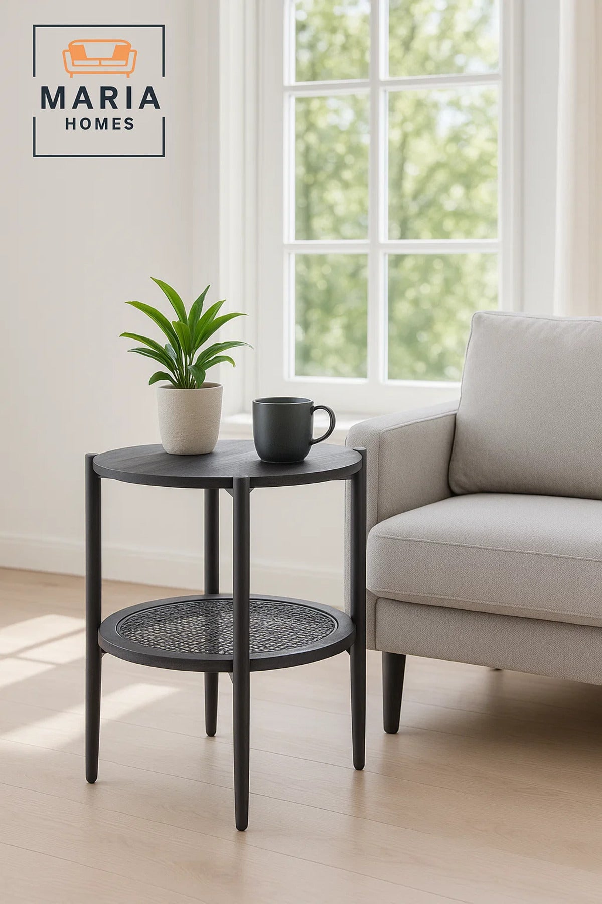 Modern Dark Grey Side Table √ê Round Coffee Table with Storage Shelf 45_45_55 cm