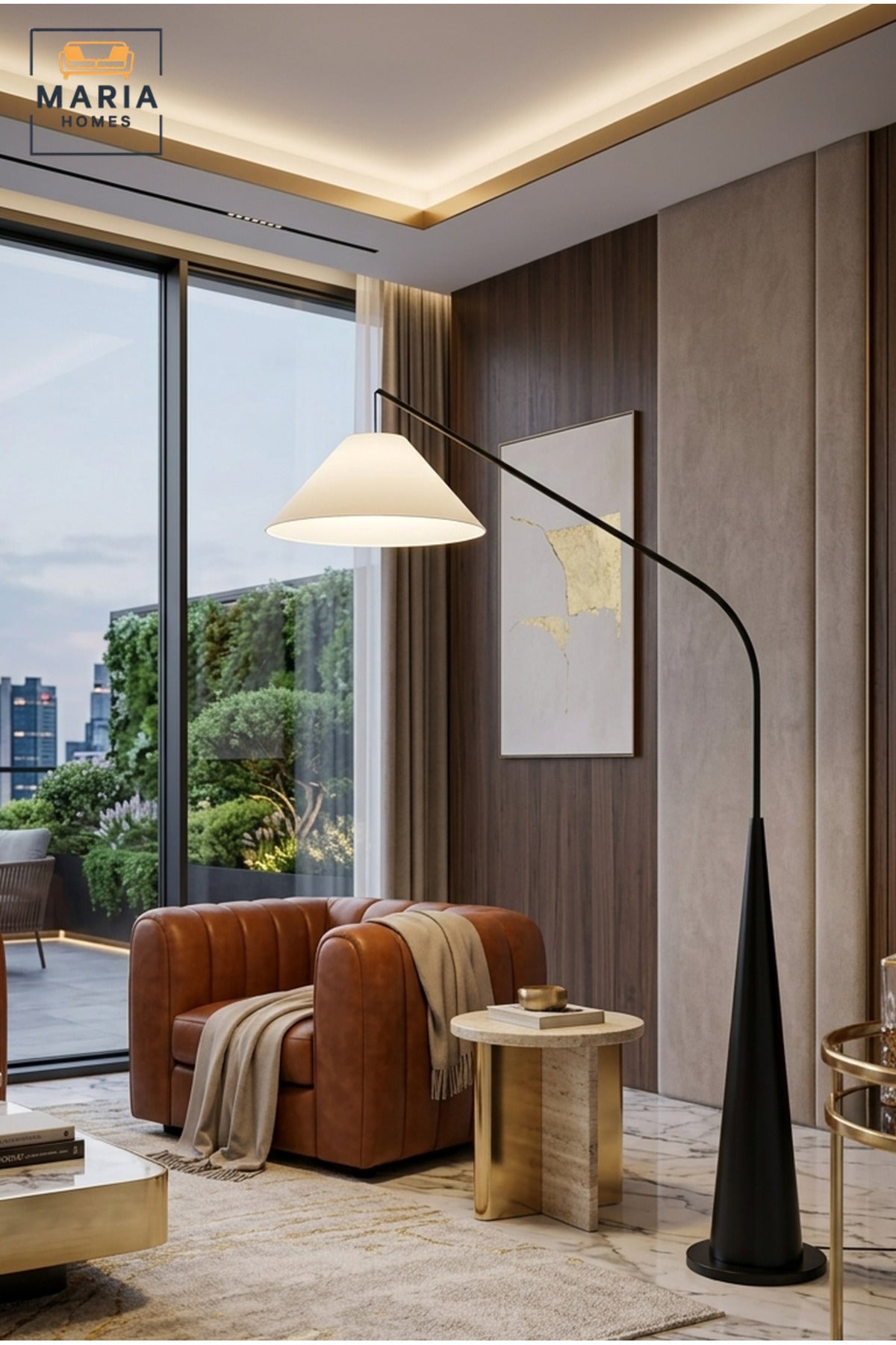 Modern Arc Floor Lamp with Long Curved Arm, Conical Base and Wide Fabric Shade Overhanging Standing Light for Living Room Bedroom and Reading Corner