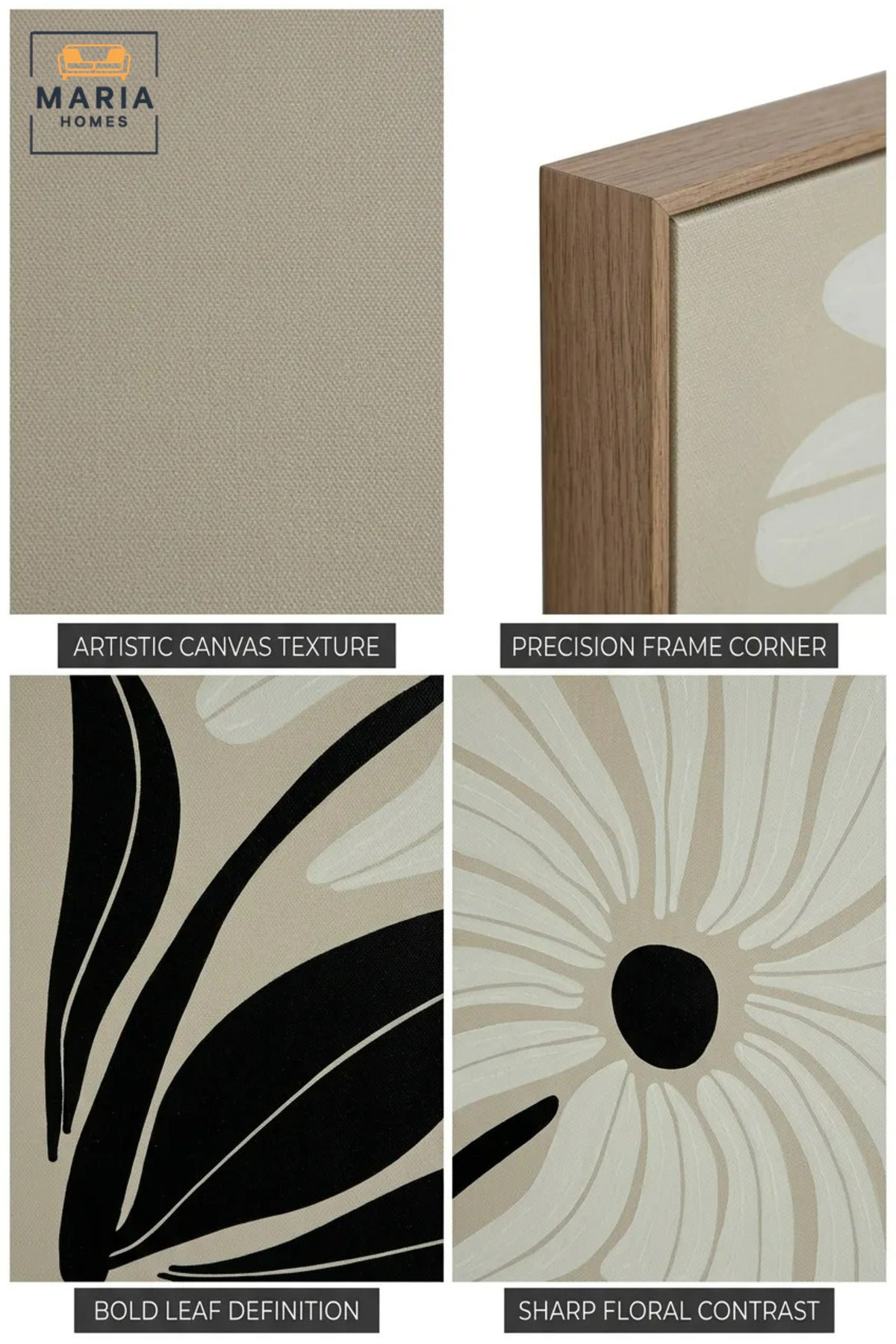 Modern Floral Wall Art with Slim Gold Frame, Black and White Botanical Canvas Print for Living Room, Bedroom, Hallway and Office Décor