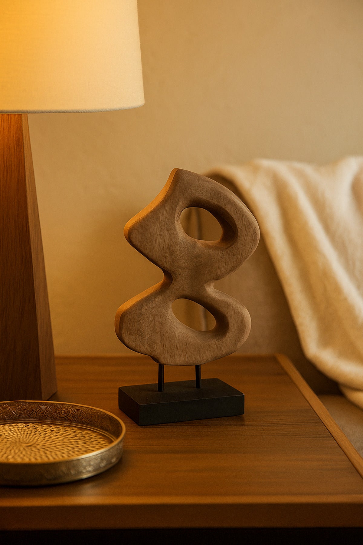 Walnut and Black Wooden Abstract Decorative Sculpture on Stand Ð Modern Art Accent