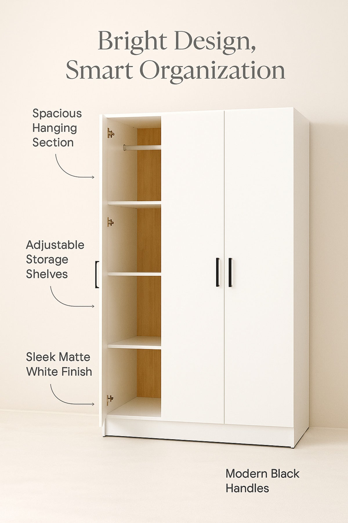 Modern 3-Door Wardrobe with Hanging Rail and Shelves Ð White 120_54_200 cm