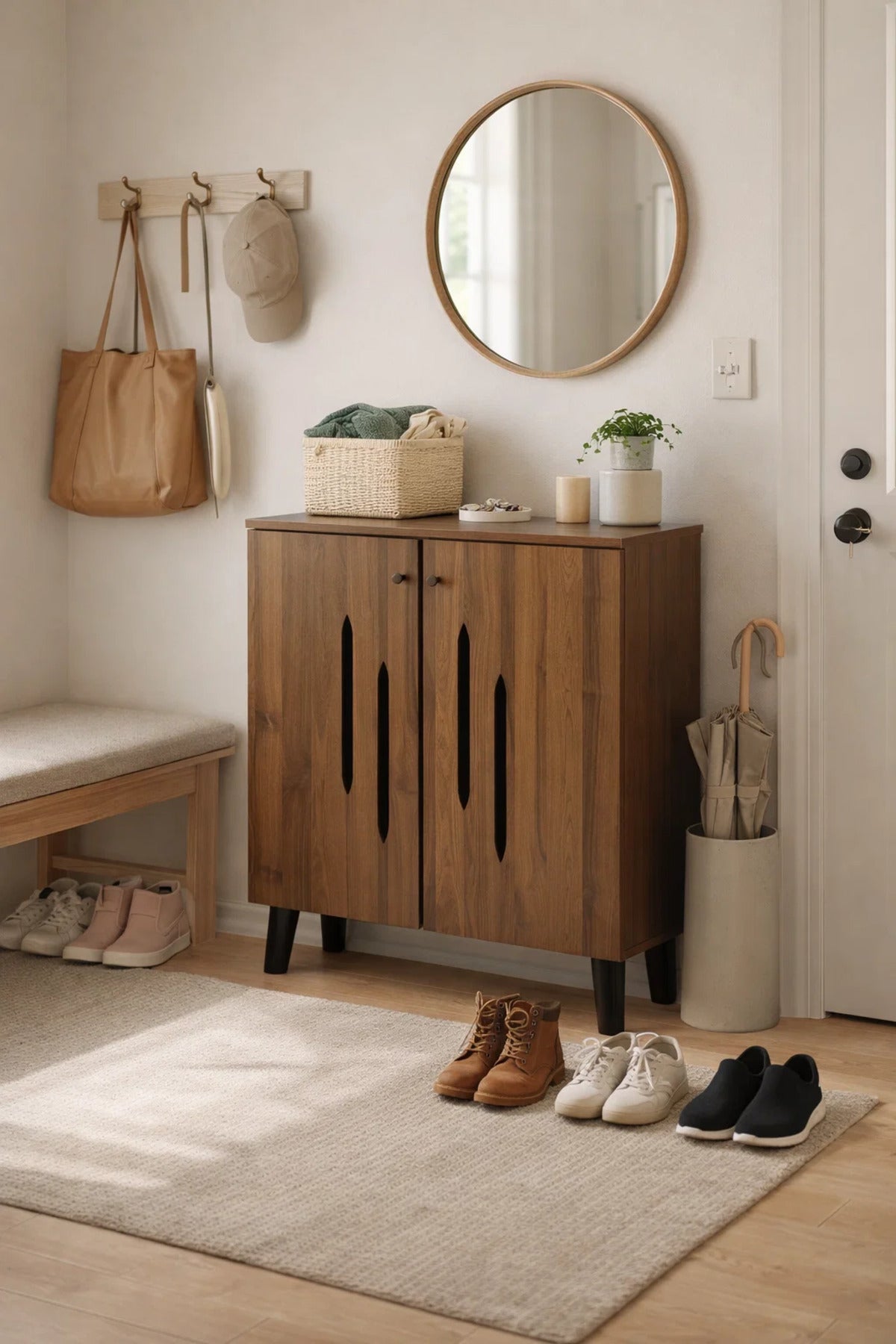 Modern Wooden Shoe Cabinet Dark Brown with Vertical Cut Out Design 80 x 32 x 94 cm