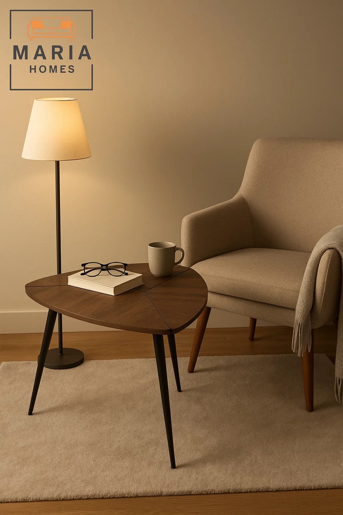Tri-fold dark walnut accent table with sleek black legs