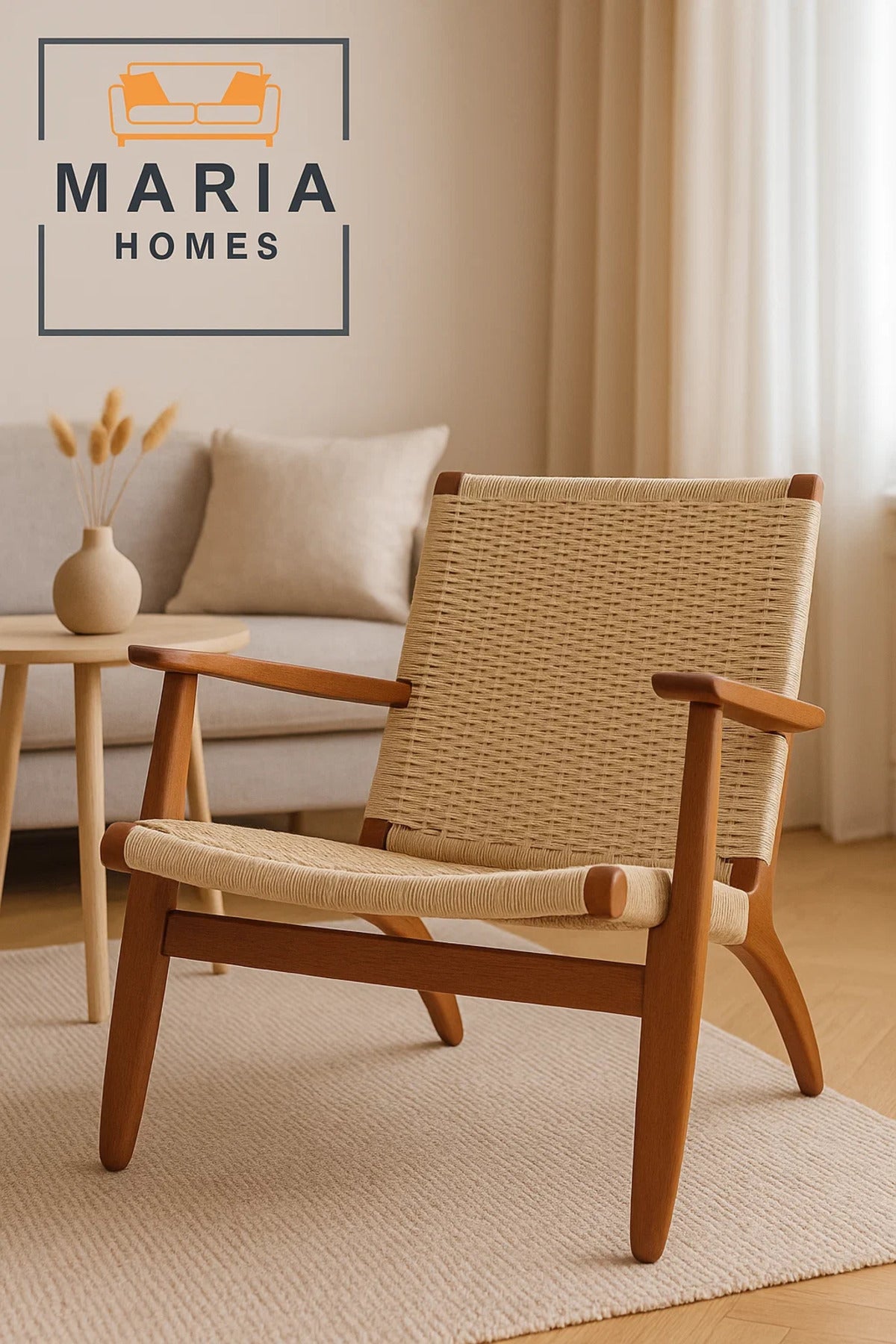 Mid-Century Rope Woven Lounge Chair with Wooden Frame Ð Comfortable Armchair for Indoor Use