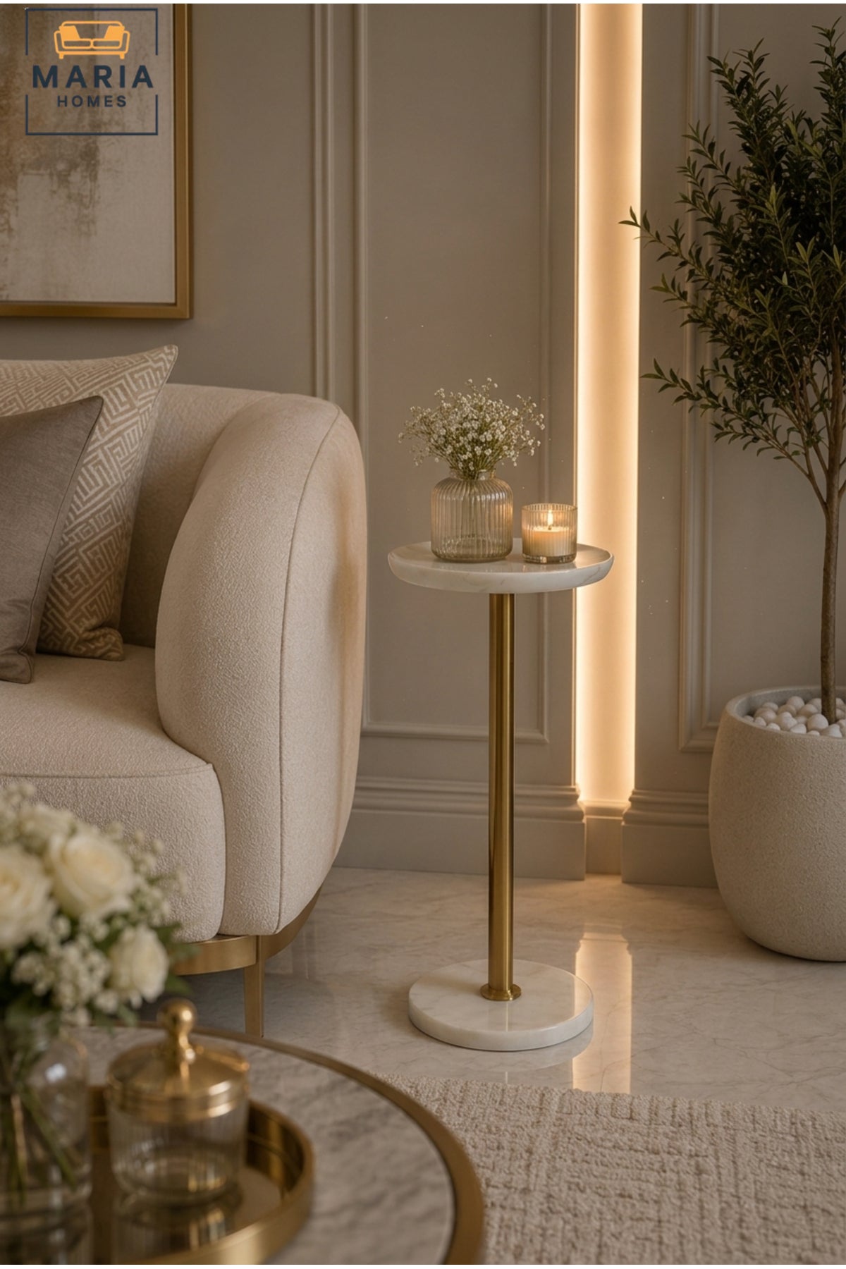 Luxury Marble Side Table Gold Accent Table Round End Table for Living Room Bedroom