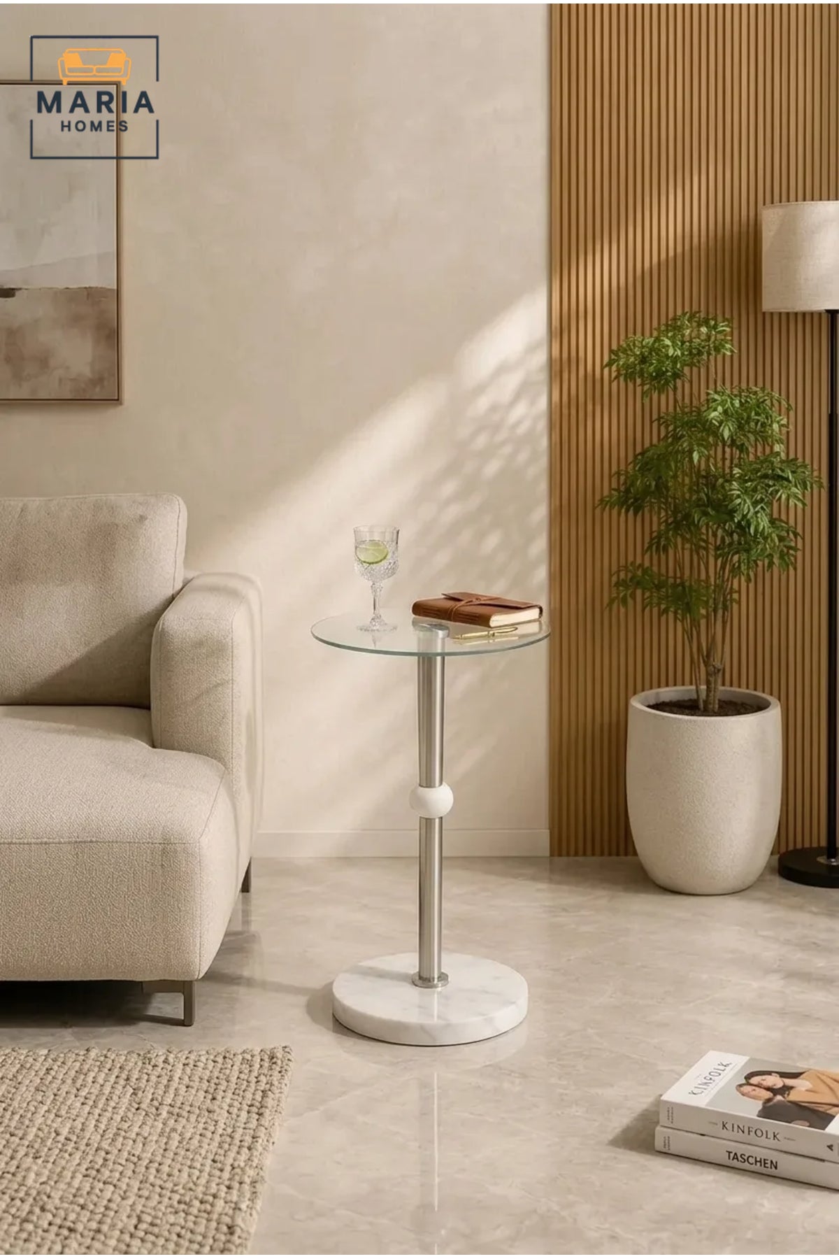 Modern Glass Side Table with White Marble Base and Brushed Nickel Accent