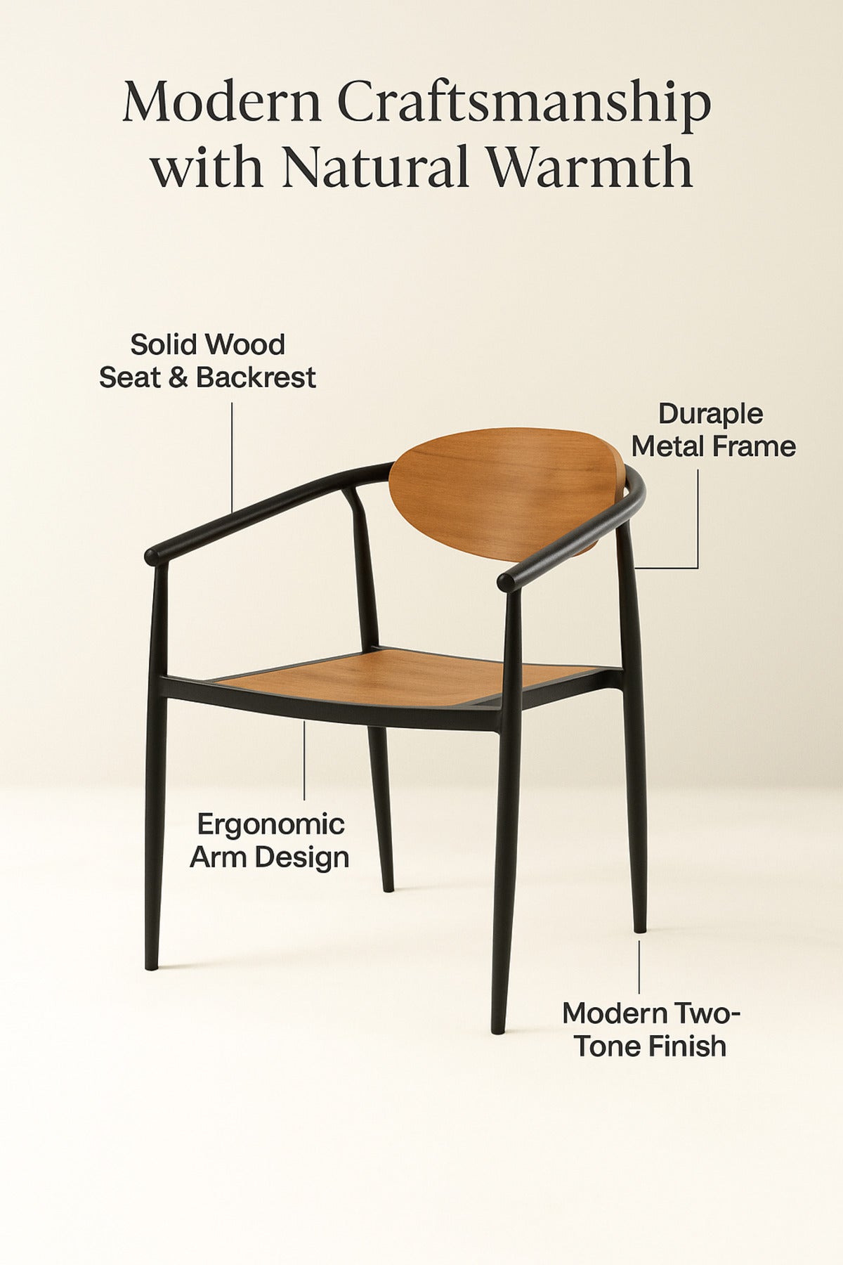 Black & Champagne Metal and Wood Chair Modern Dining Armchair with Wooden Seat and Backrest for Home