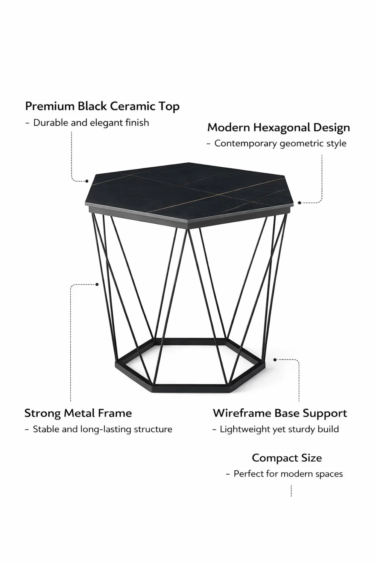Modern Black Ceramic Top Hexagonal Coffee Table with Geometric Metal Wire Frame Design 60cm