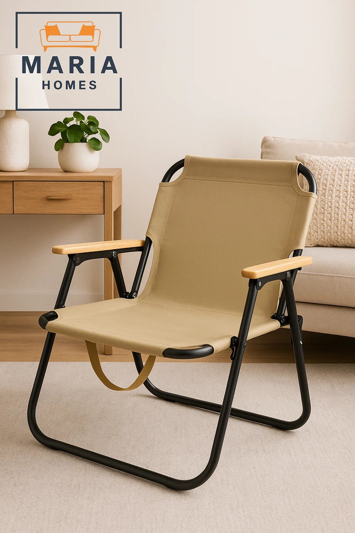 Beige Folding Canvas Chair with Wooden Armrests Ð Portable Outdoor & Camping Seat