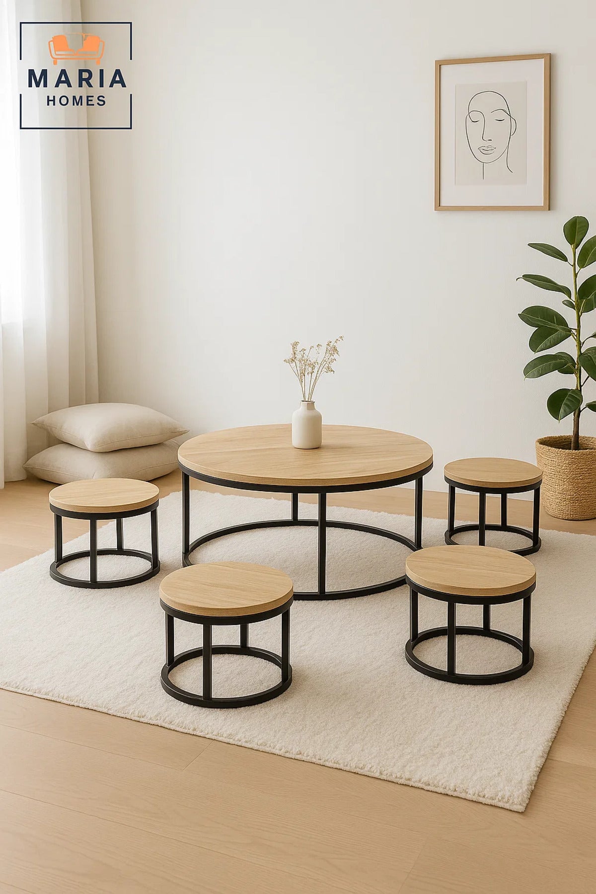 Light Oak Round Coffee Table Set √ê Modern Wood Finish with Metal Frame Living Room 5Piece