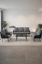 Black and Grey 7Piece Sofa Set with Glass Coffee Table Modern Seating for Indoor or Outdoor Spaces