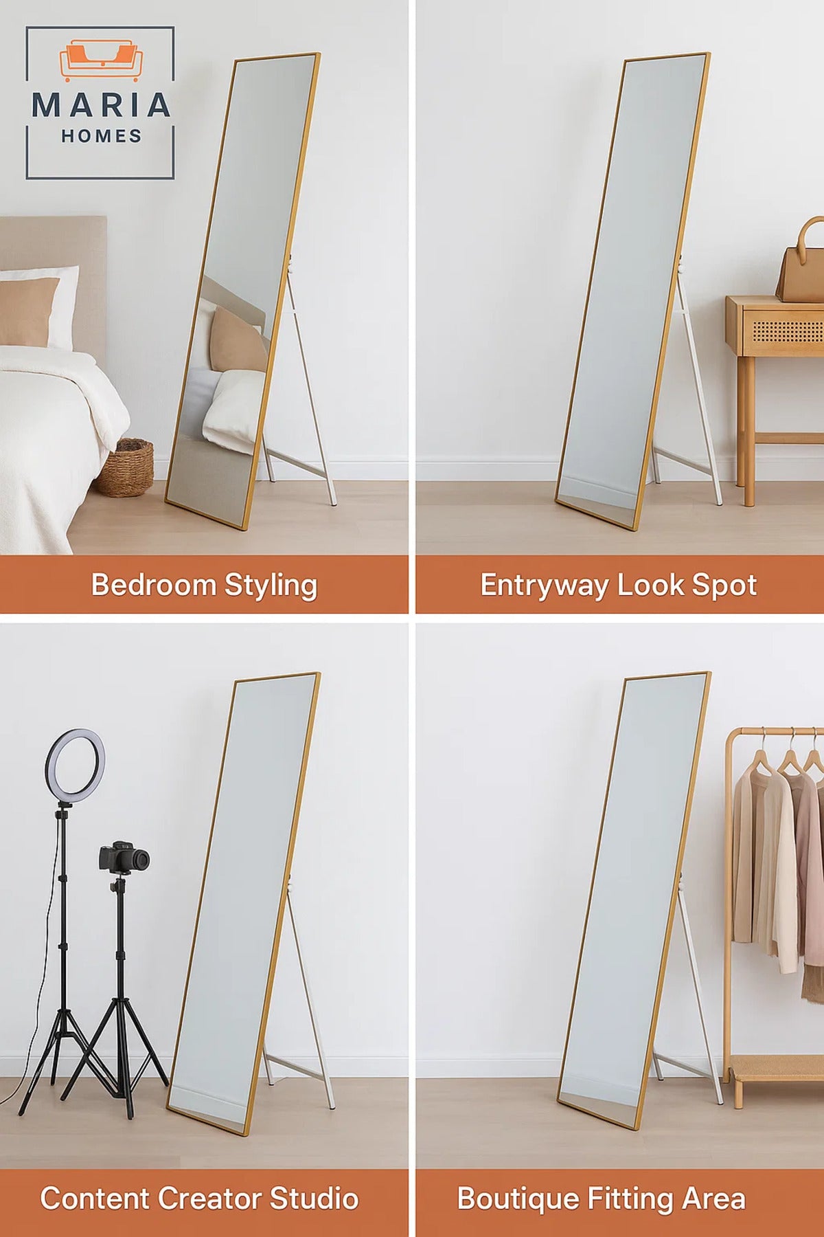 Modern Golden Framed Standing Mirror Ð 155x44 cm Full-Length Floor Mirror