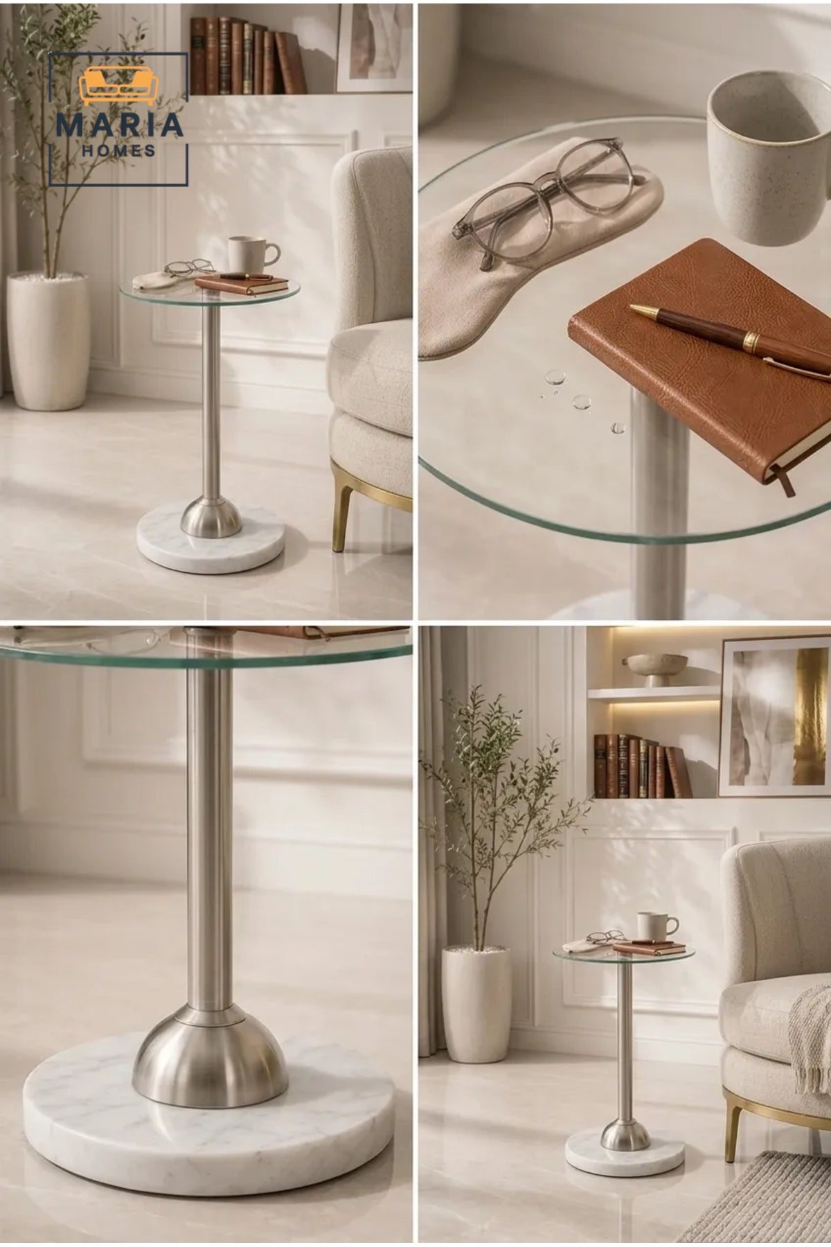 Modern Round Glass Side Table with White Marble Base and Brushed Metal Support