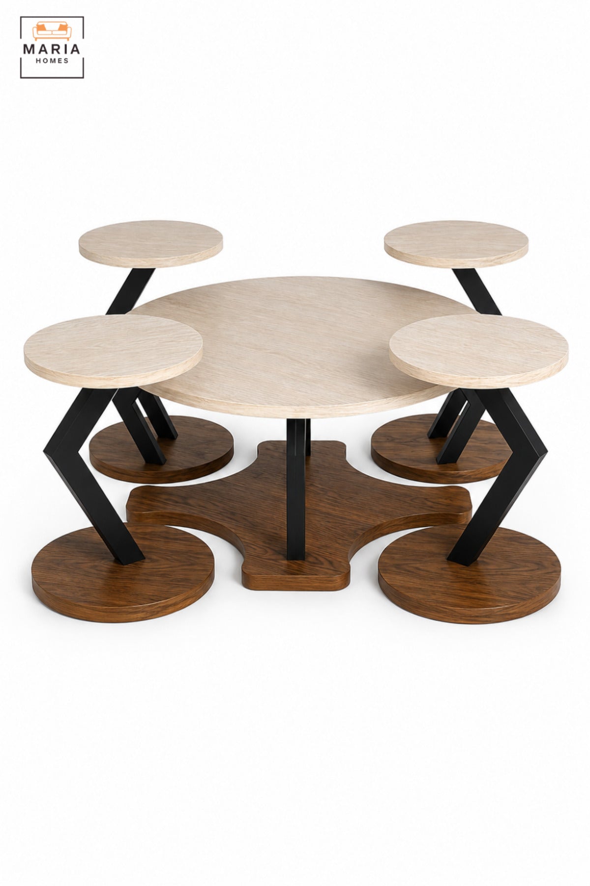 Modern Round Center Table Set of 5 Pieces with 1 Large Center Table & 4 Small Side Tables, Space Saving Coffee Table Set for Living Room Lounge, Large 90 x 45 CM, Small 40 x 55 CM